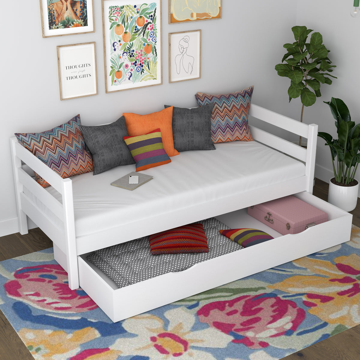 Sofa-lit avec tiroir en bois blanc – chambre d'enfant, style scandinave Nizio