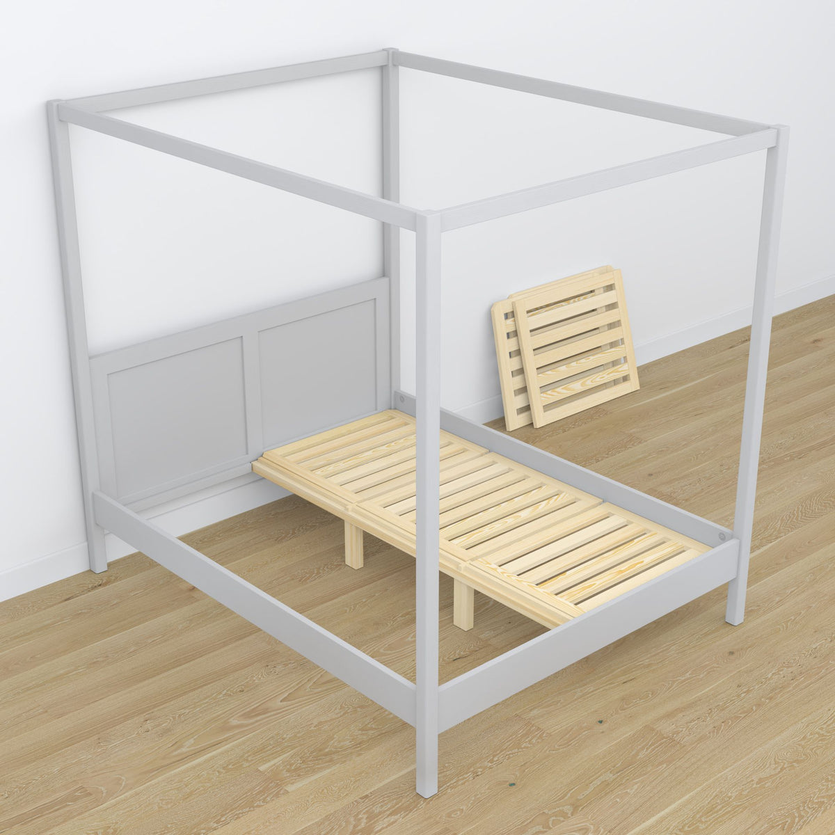 Lit à baldaquin gris en bois – vue en biais, chambre