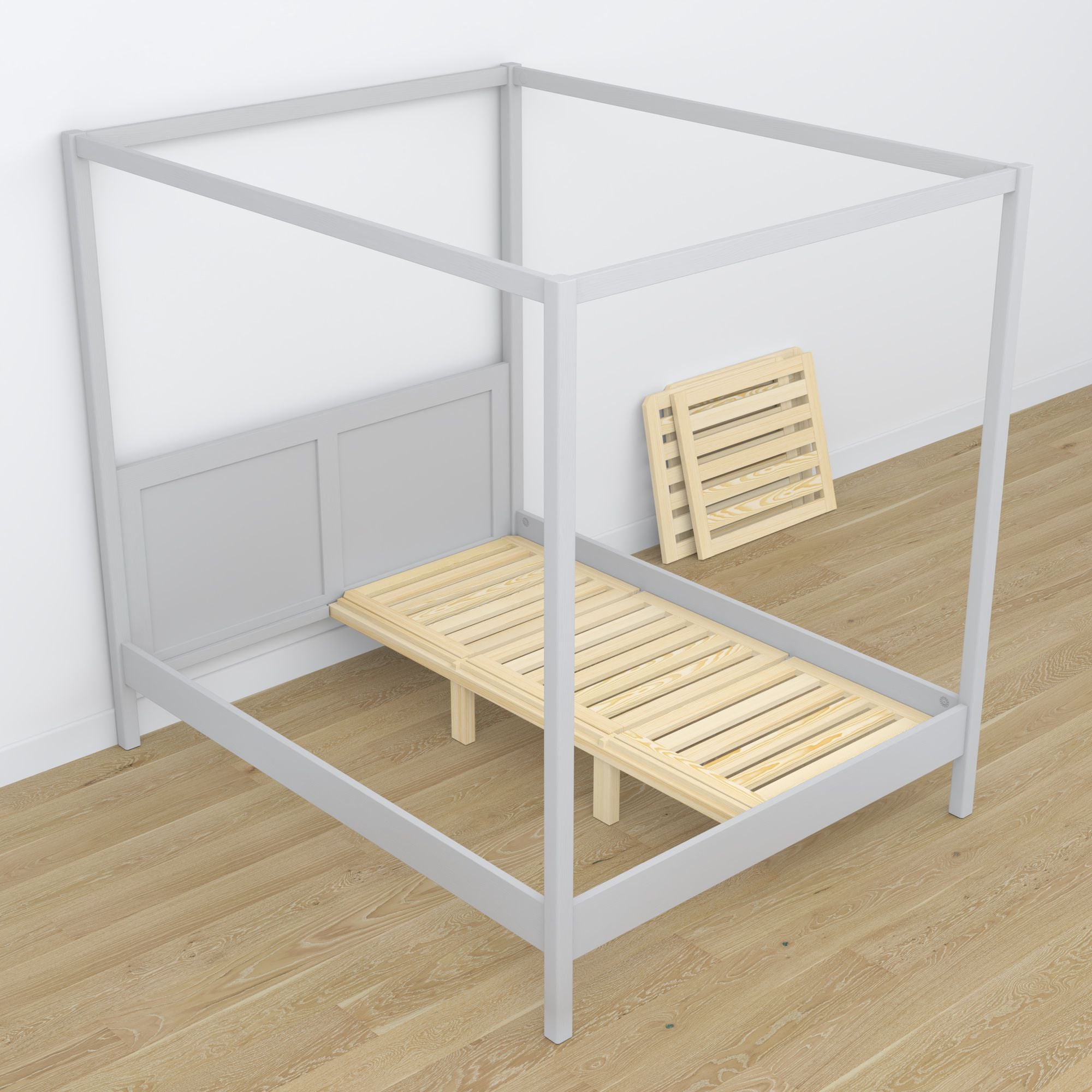 Lit à baldaquin gris en bois – vue en biais, chambre
