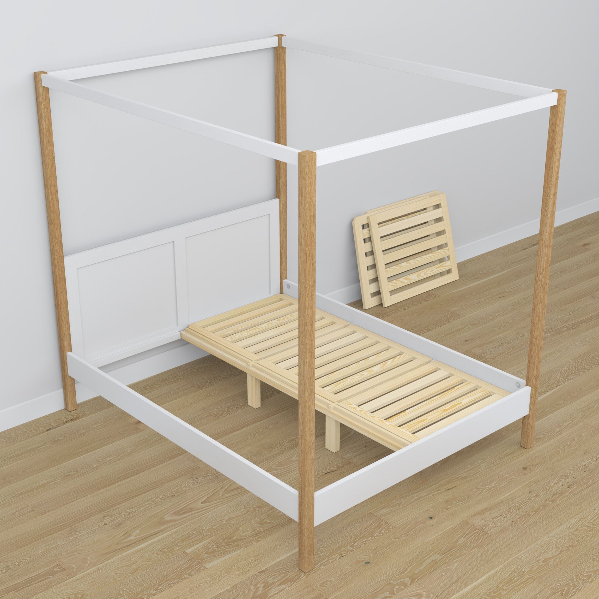 Lit à baldaquin blanc-chêne en bois – vue en biais, chambre