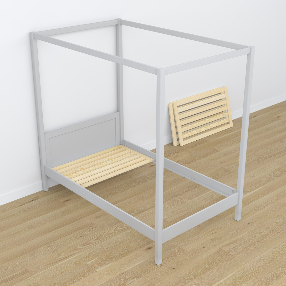 Lit gris avec baldaquin dans la chambre d'enfant – décoration scandinave