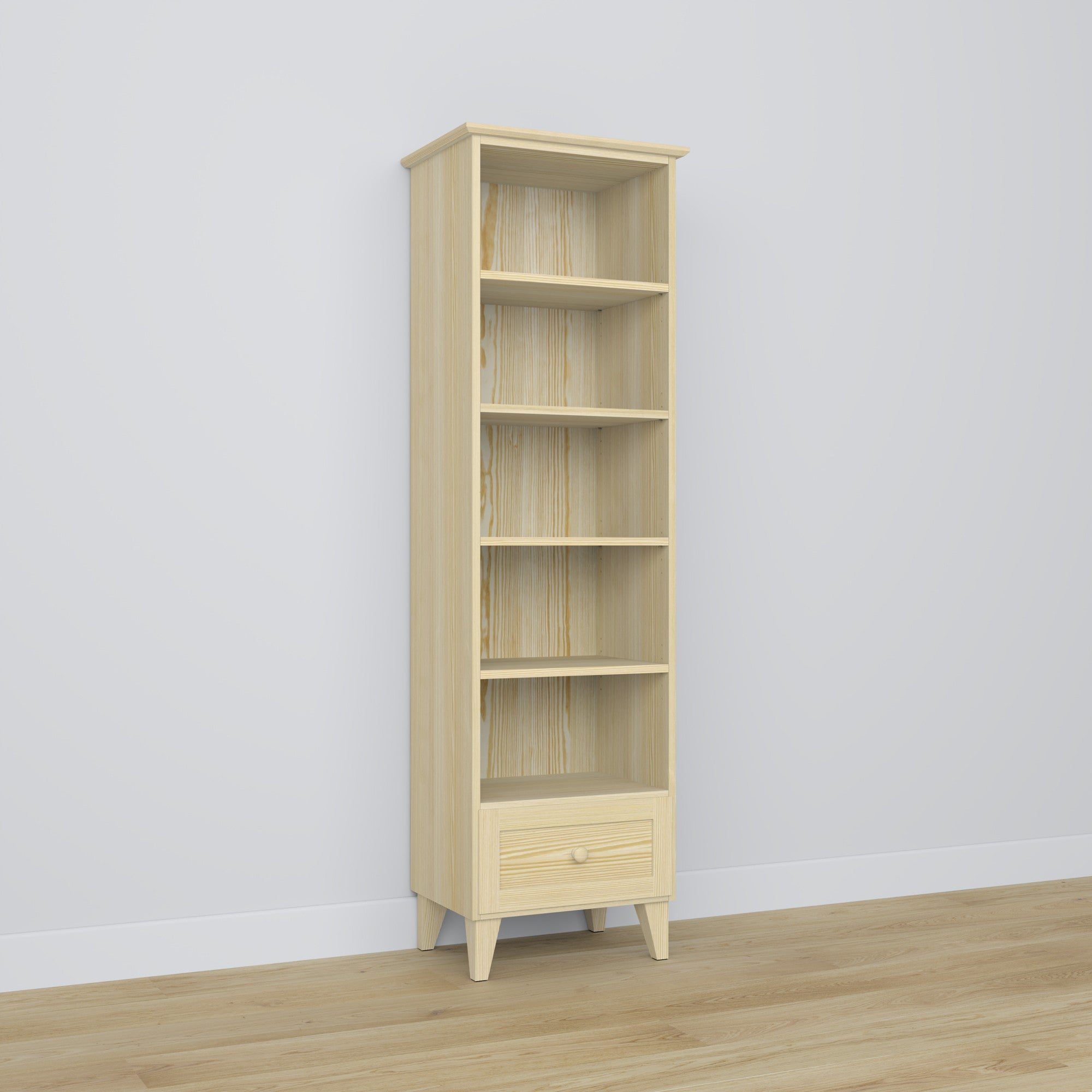 Bookcase 1S 57 clear pine – pine, all shelves, front view, Nizio