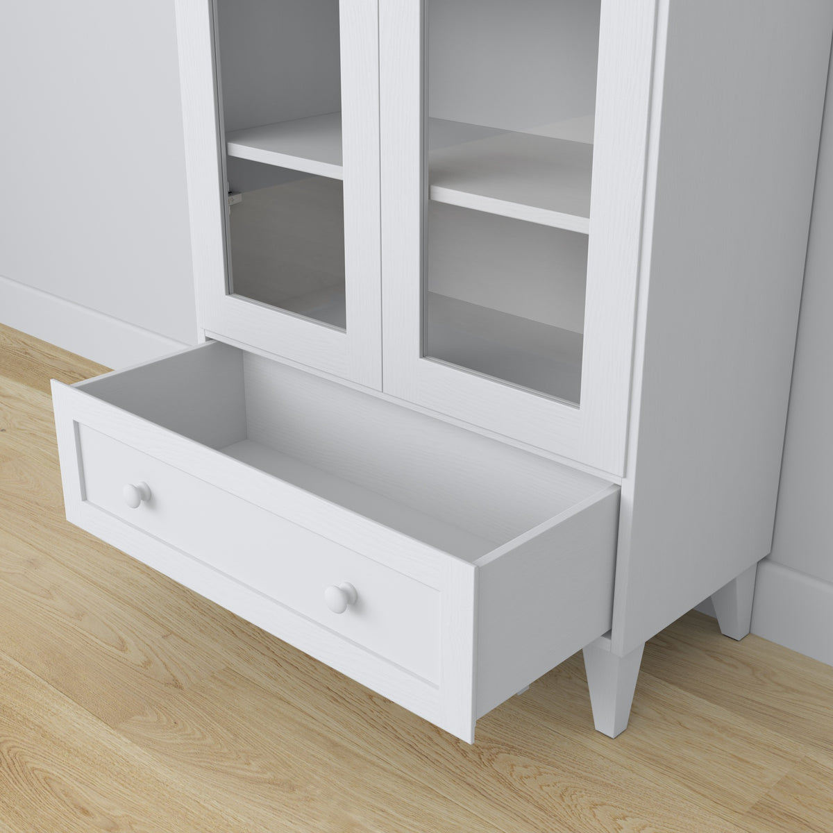Vitrine 1S 90 blanc – portes vitrées, charnières, en bois, Nizio