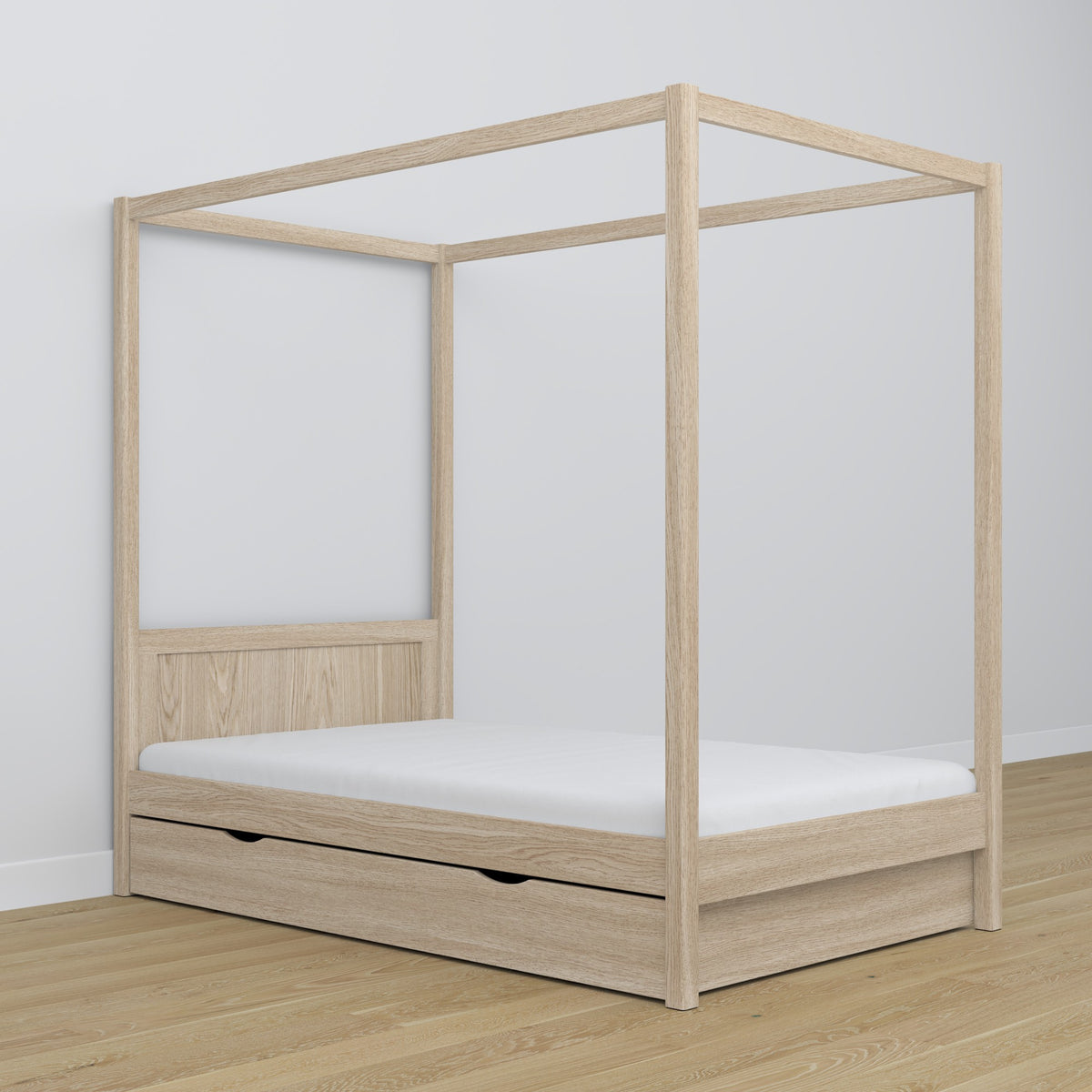 Oak canopy bed bleached oak in a child’s room – scandi arrangement