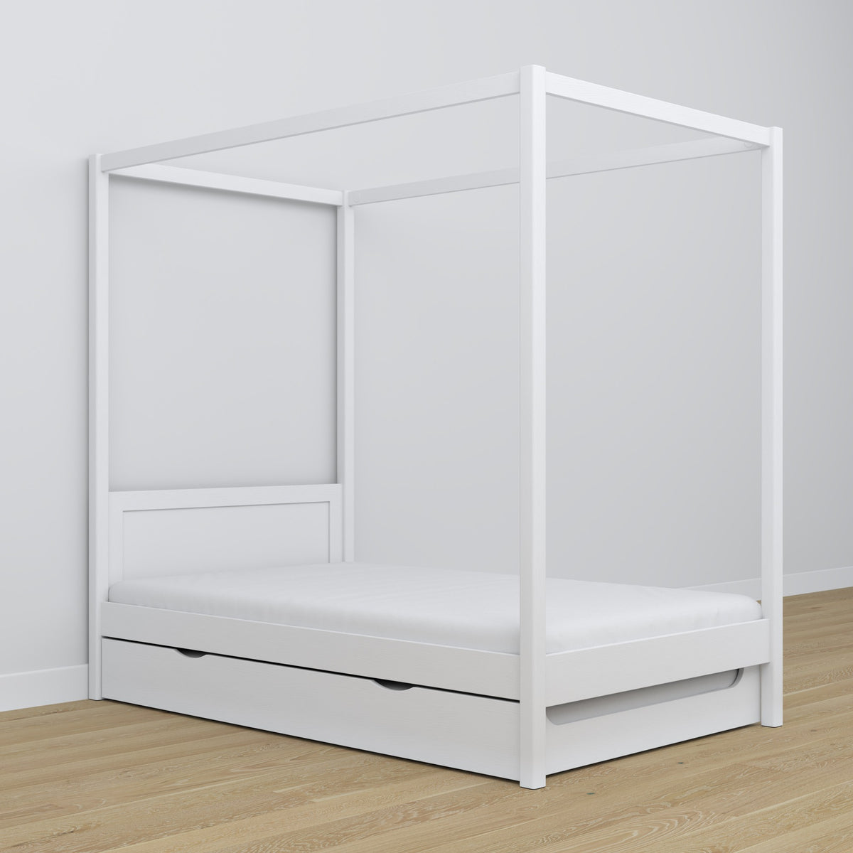 Lit blanc avec baldaquin – tiroir na dodatkowy matelas, en bois