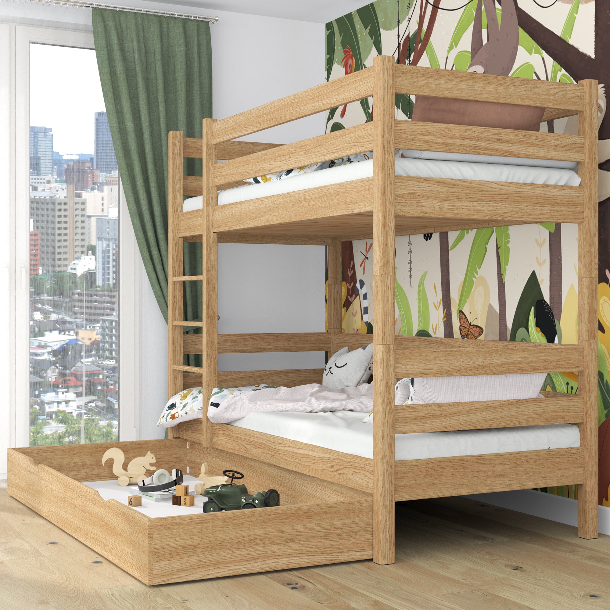 Lit superposé chêne naturel z tiroir – barrière i échelle en chêne, Nizio