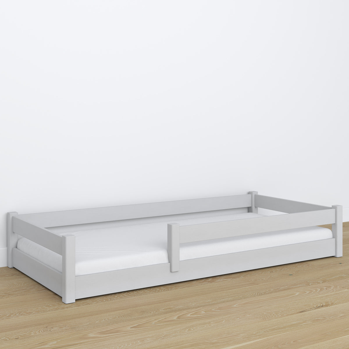 Lit bas en bois gris – détails des assemblages, Nizio Home