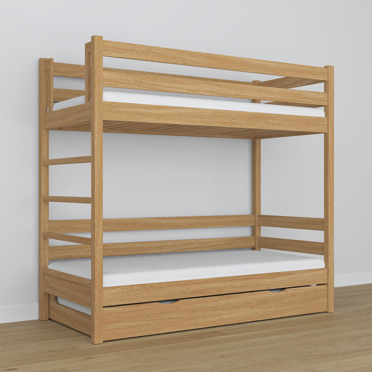 Lit superposé avec tiroir pour matelas chêne naturel en chêne – bois massif, style scandinave