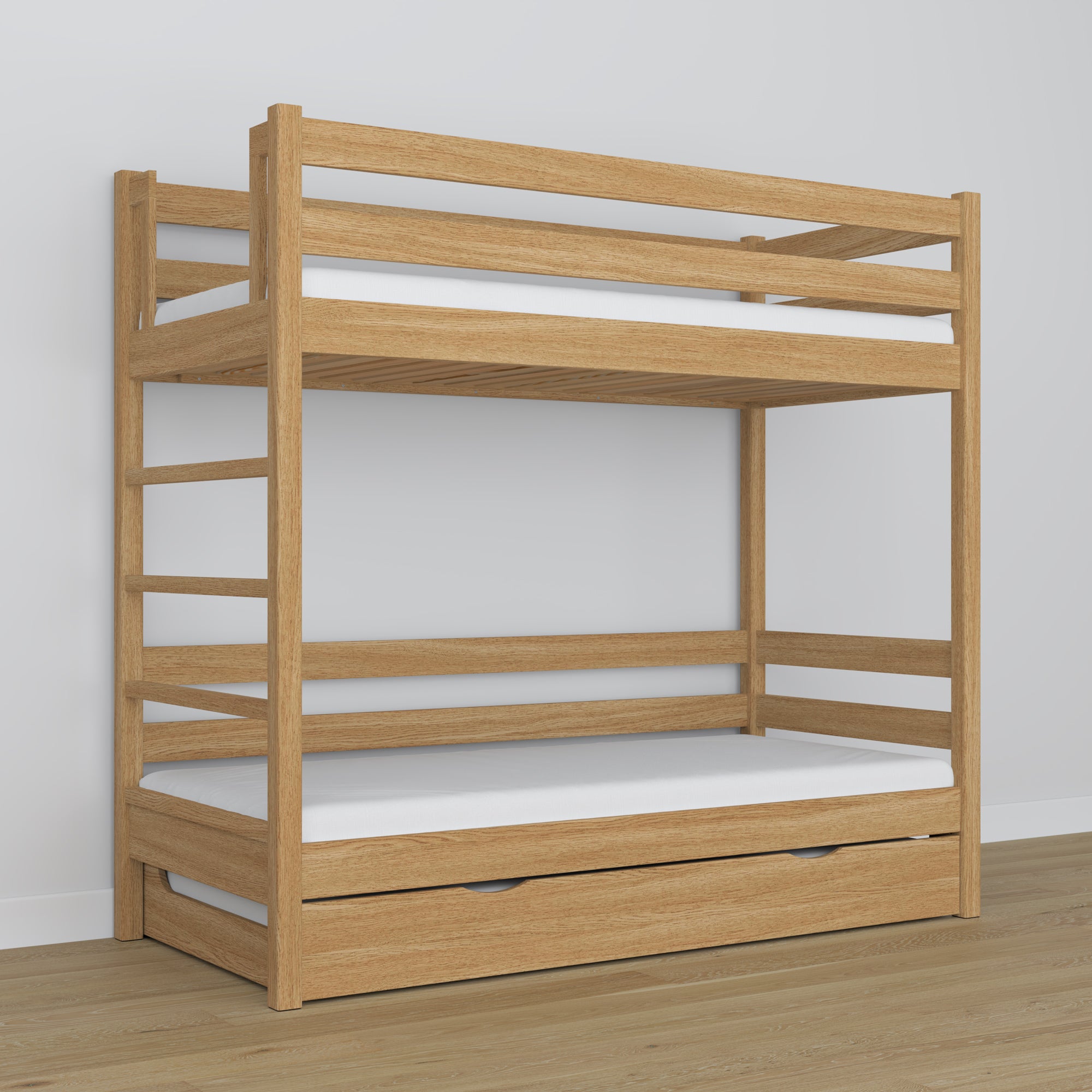 Lit superposé avec tiroir pour matelas chêne naturel en chêne – bois massif, style scandinave