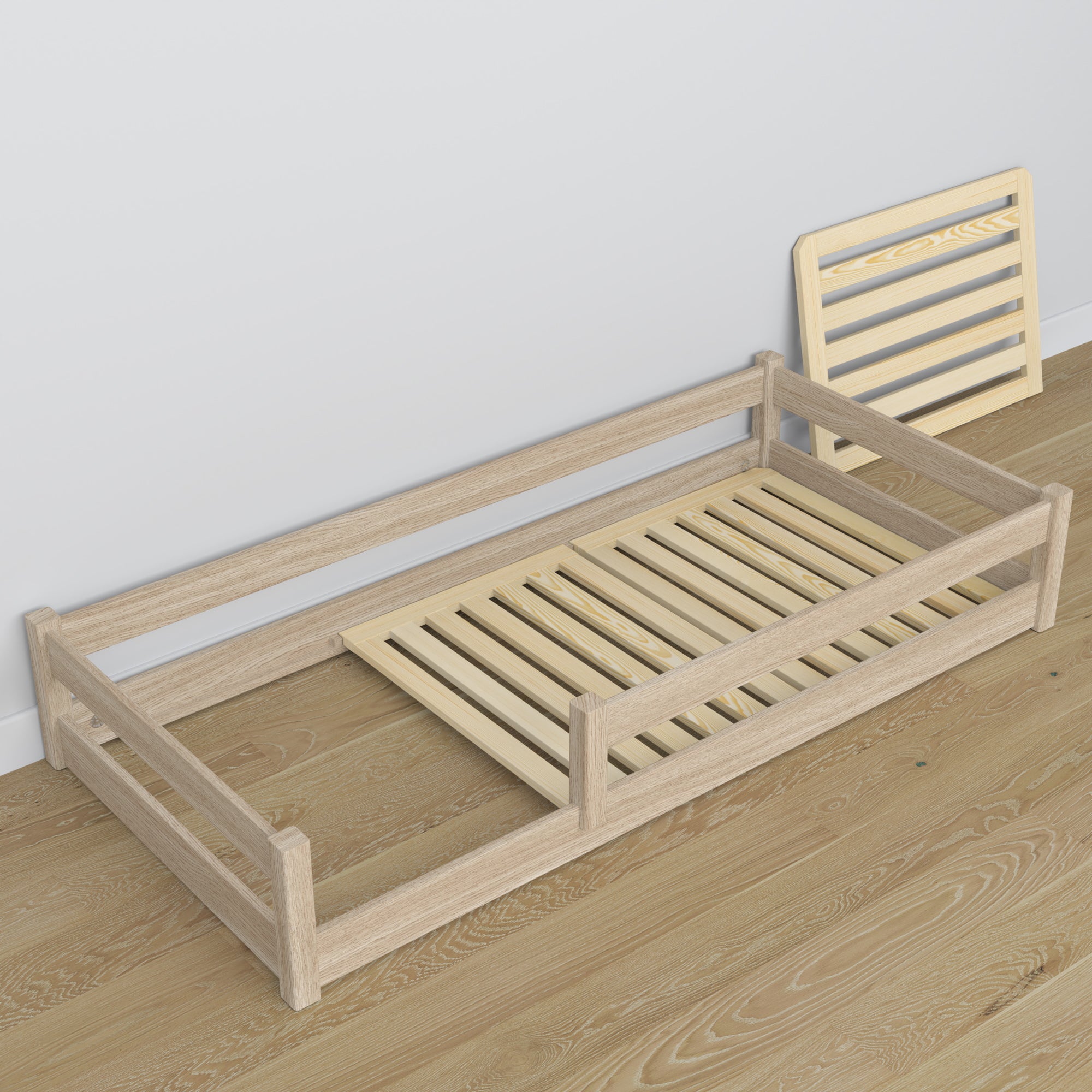 Lit bas en chêne chêne blanchi – partie arrière et proportions, chambre scandinave