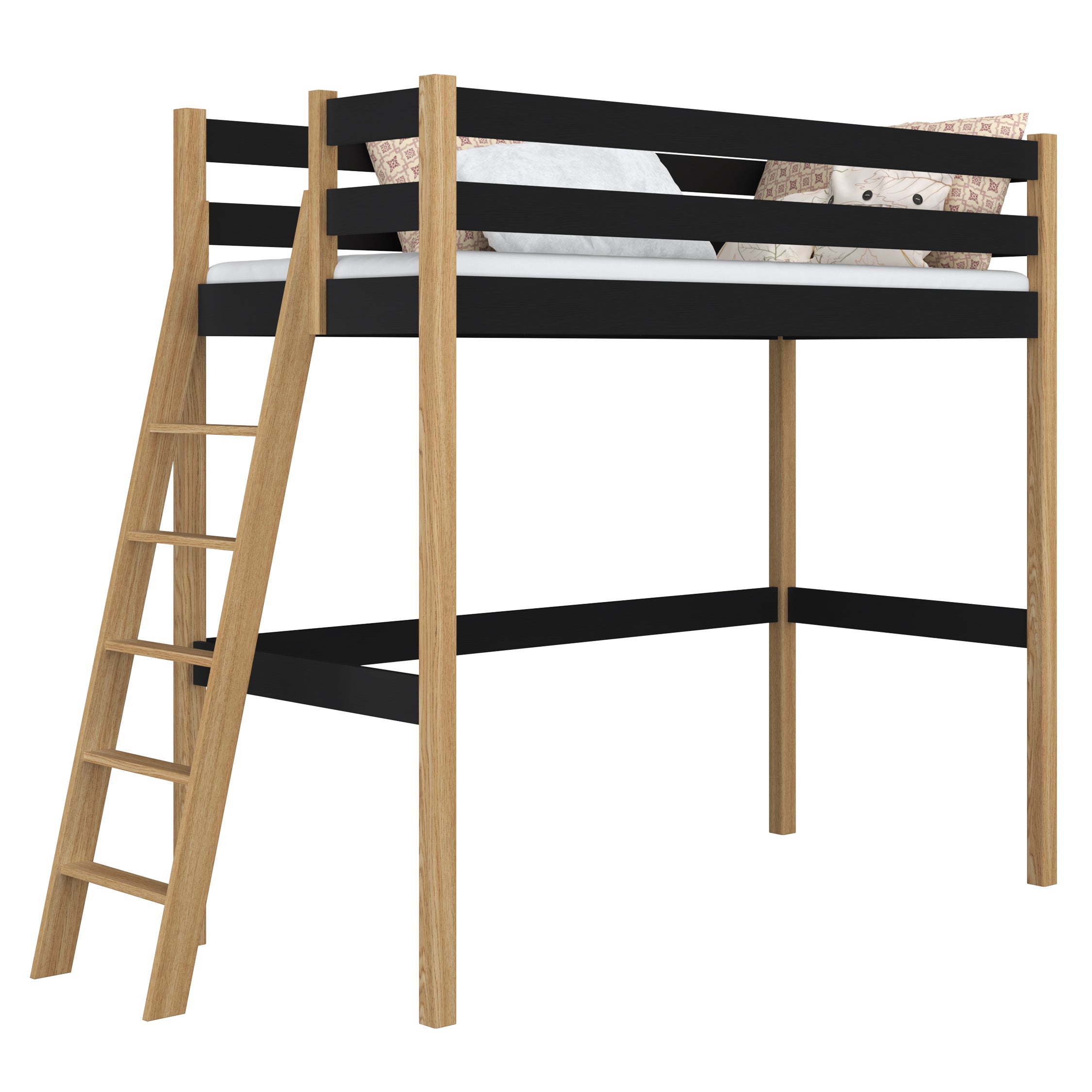 Lit mezzanine en bois noir-chêne – chambre d'enfant, bois massif, style scandinave