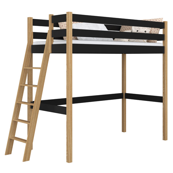 Black and Oak Wooden Loft Bed – Children’s Room, Solid Wood, Scandi Style