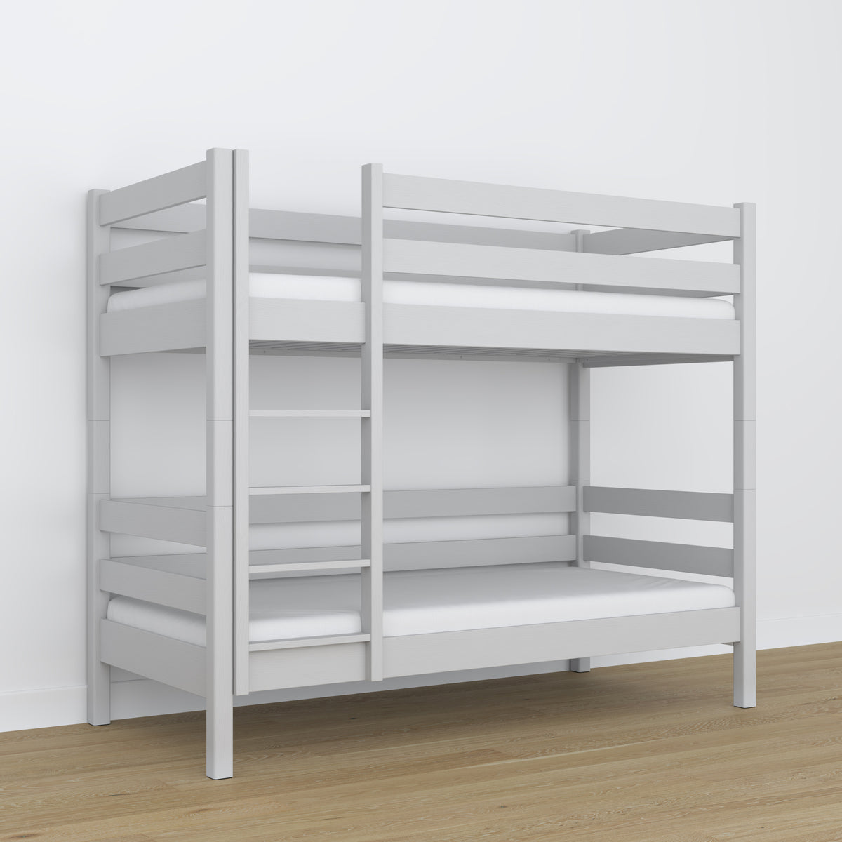 Lit superposé en bois gris – gros plan sur les assemblages et détails du bois