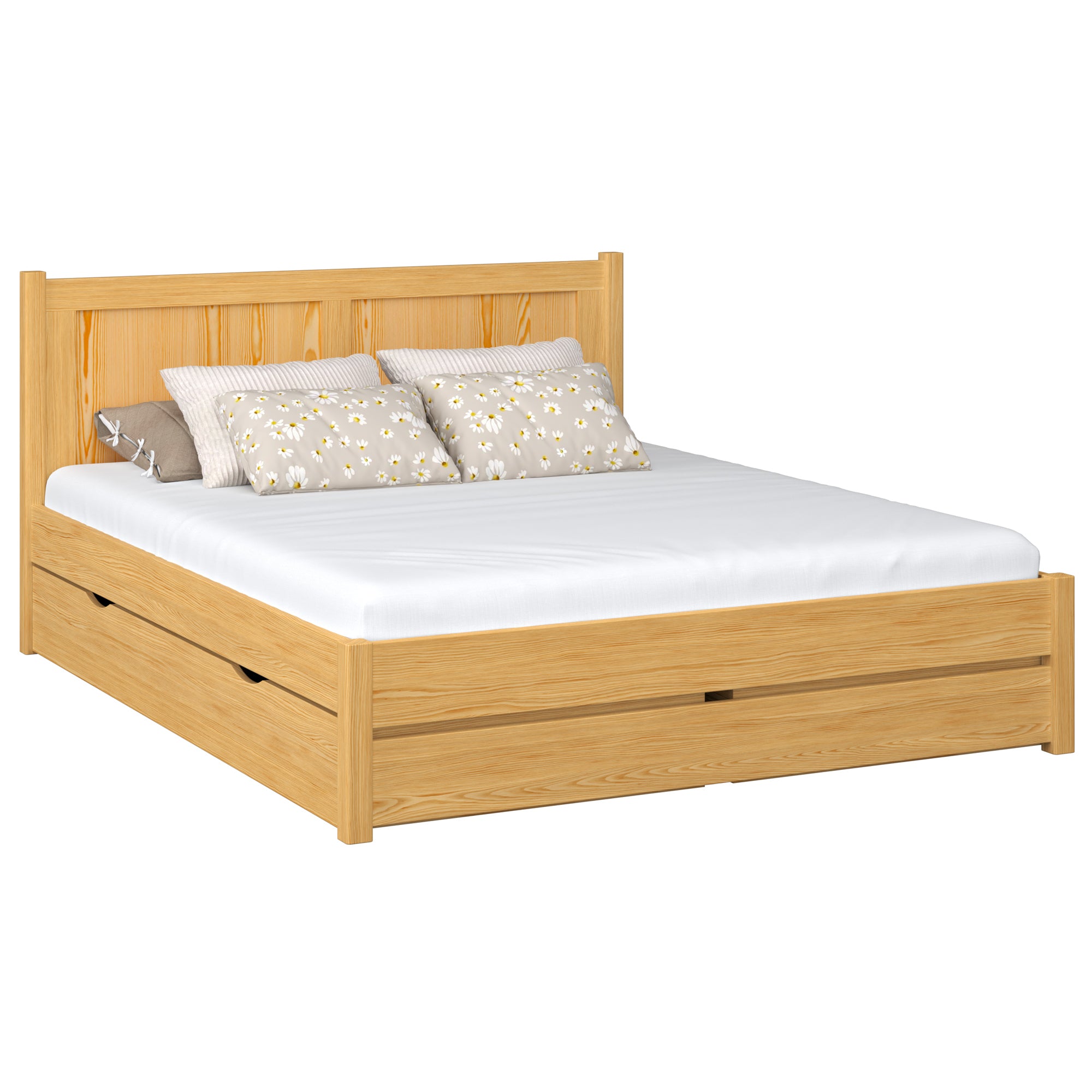 Lit double avec tiroir en bois pin naturel – chambre, schowek, style scandinave