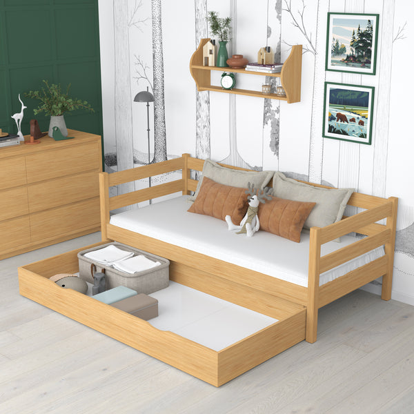 Łóżko sofa sosna naturalna z szufladą – pojemny schowek, drewniane, Nizio