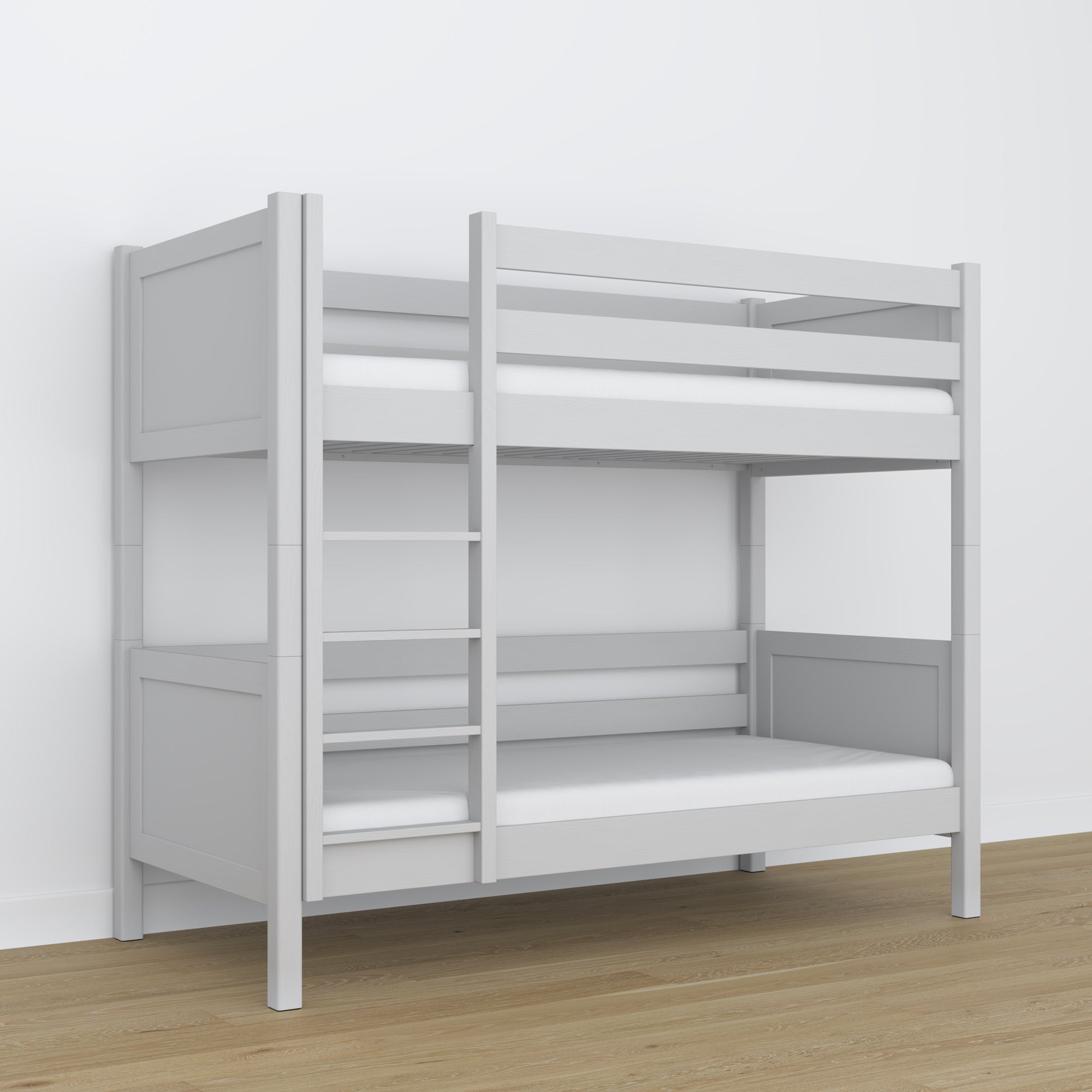 Lit superposé en bois gris – gros plan sur les assemblages et détails du bois