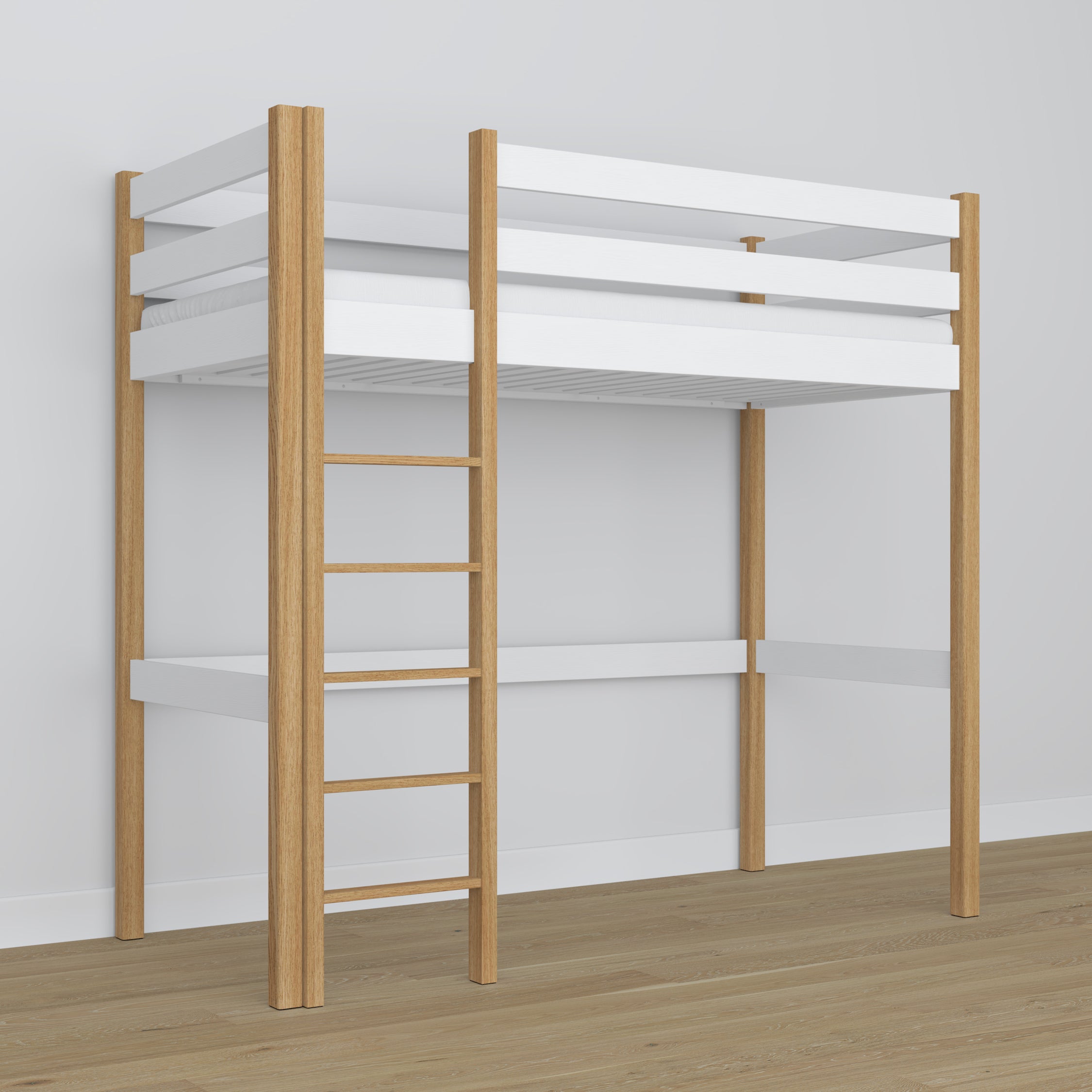 Lit mezzanine blanc-chêne en bois – vue du dessus na chambre