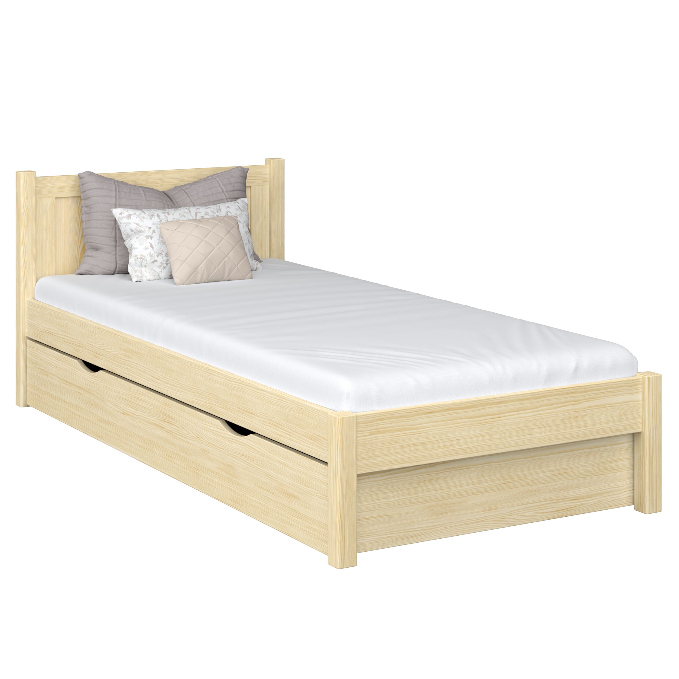 Lit avec tiroir en bois pin incolore – tiroir ouvert, l'intérieur schowka