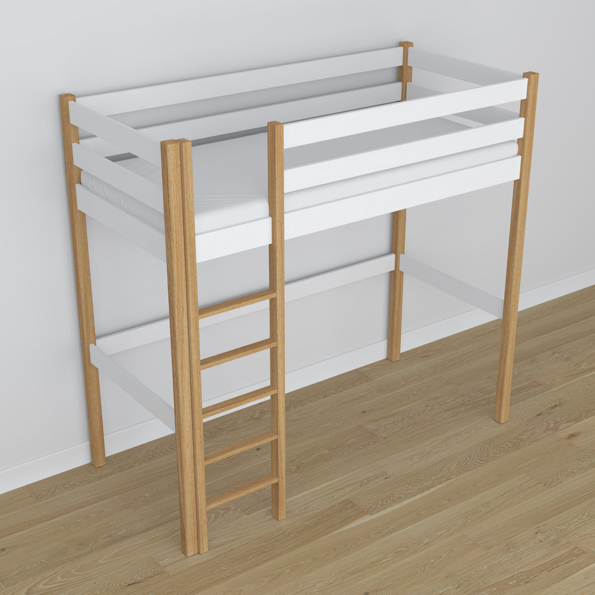 Lit mezzanine blanc-chêne dans la chambre d'enfant – décoration scandinave, en bois