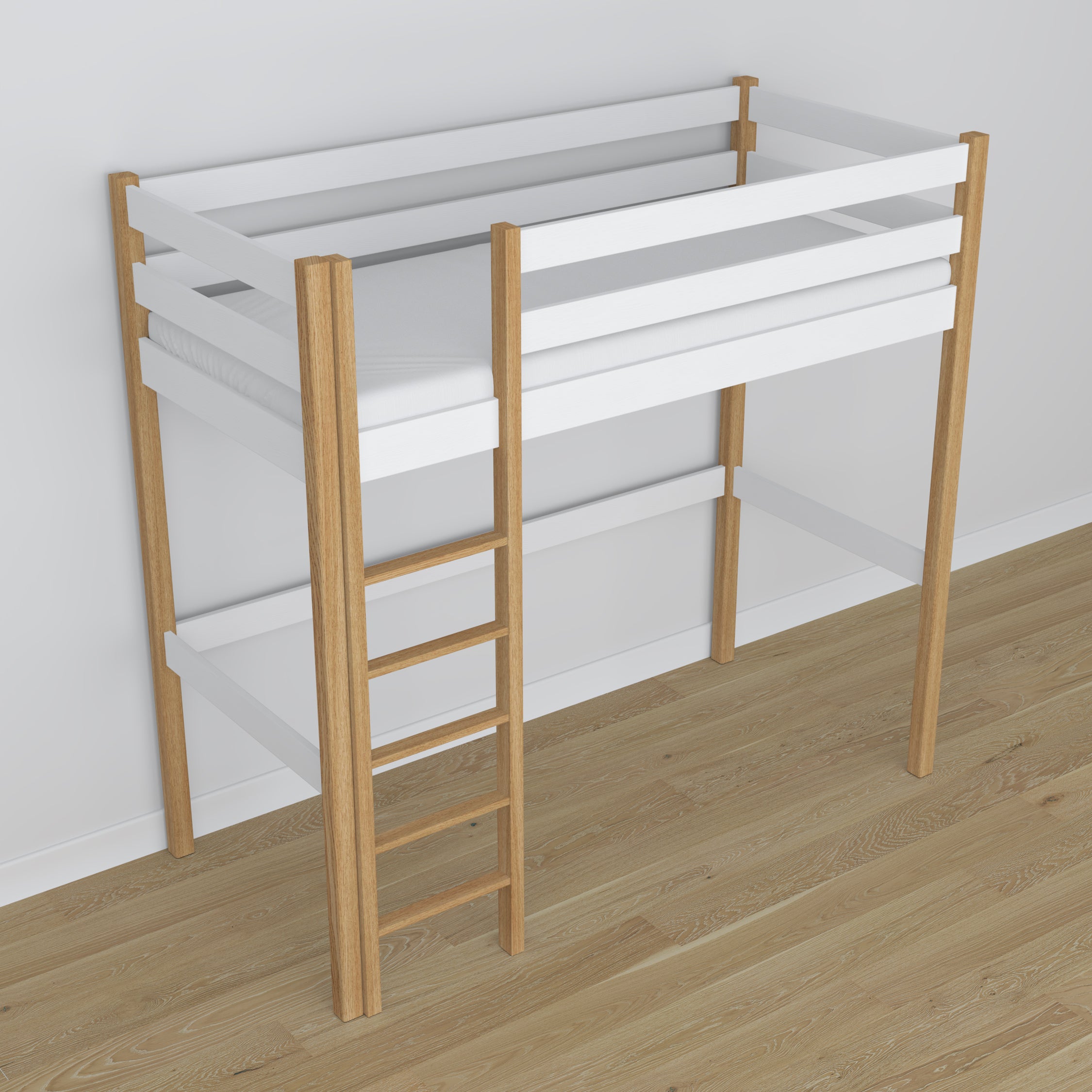 Lit mezzanine blanc-chêne dans la chambre d'enfant – décoration scandinave, en bois