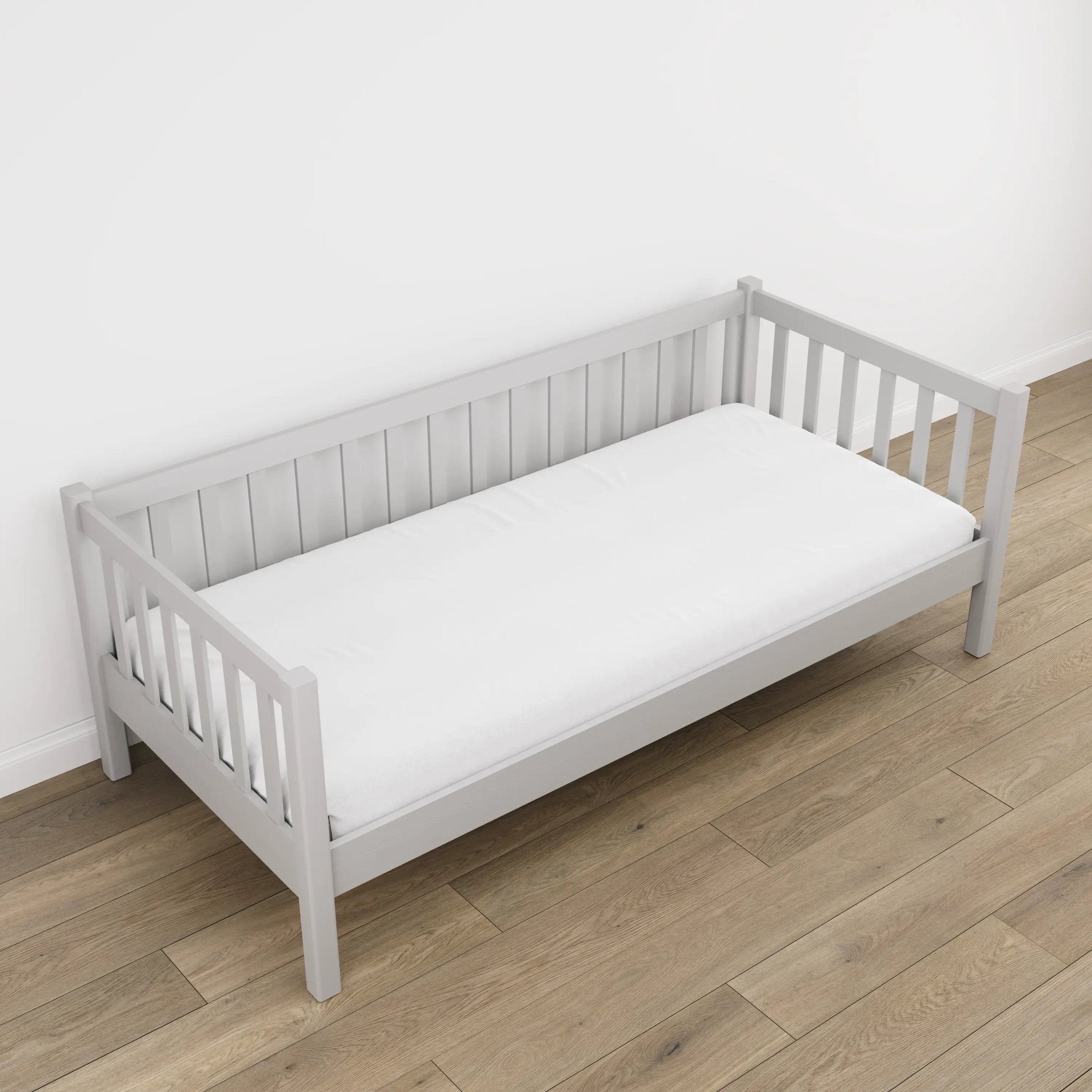 Sofa-lit gris dans la chambre d'enfant – décoration scandinave, en bois