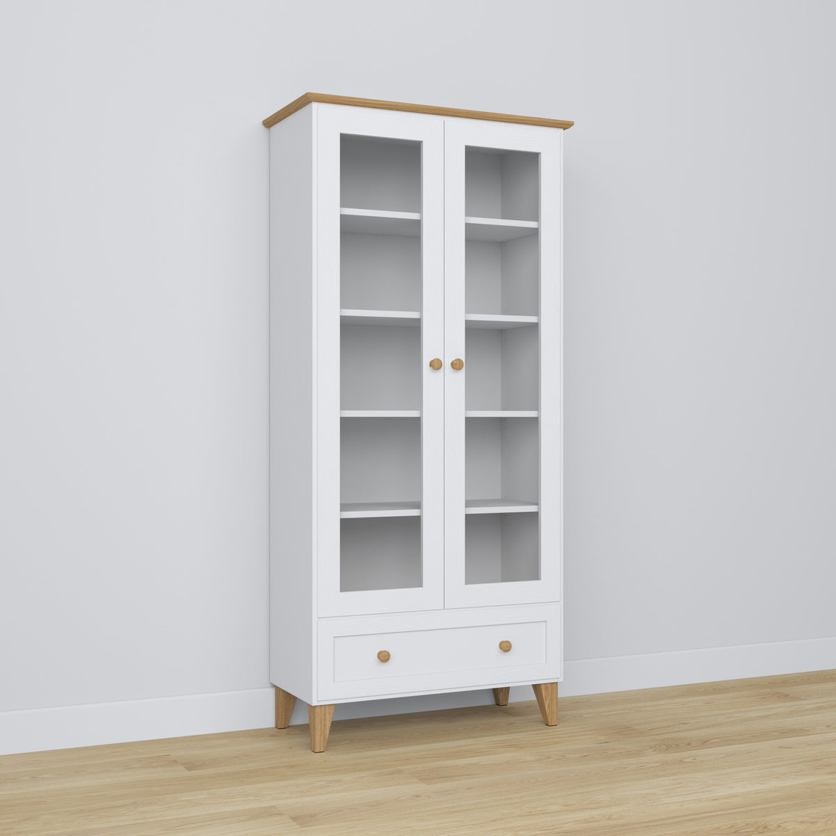 Display cabinet 1S 90 white with oak – wooden, glass door, front view
