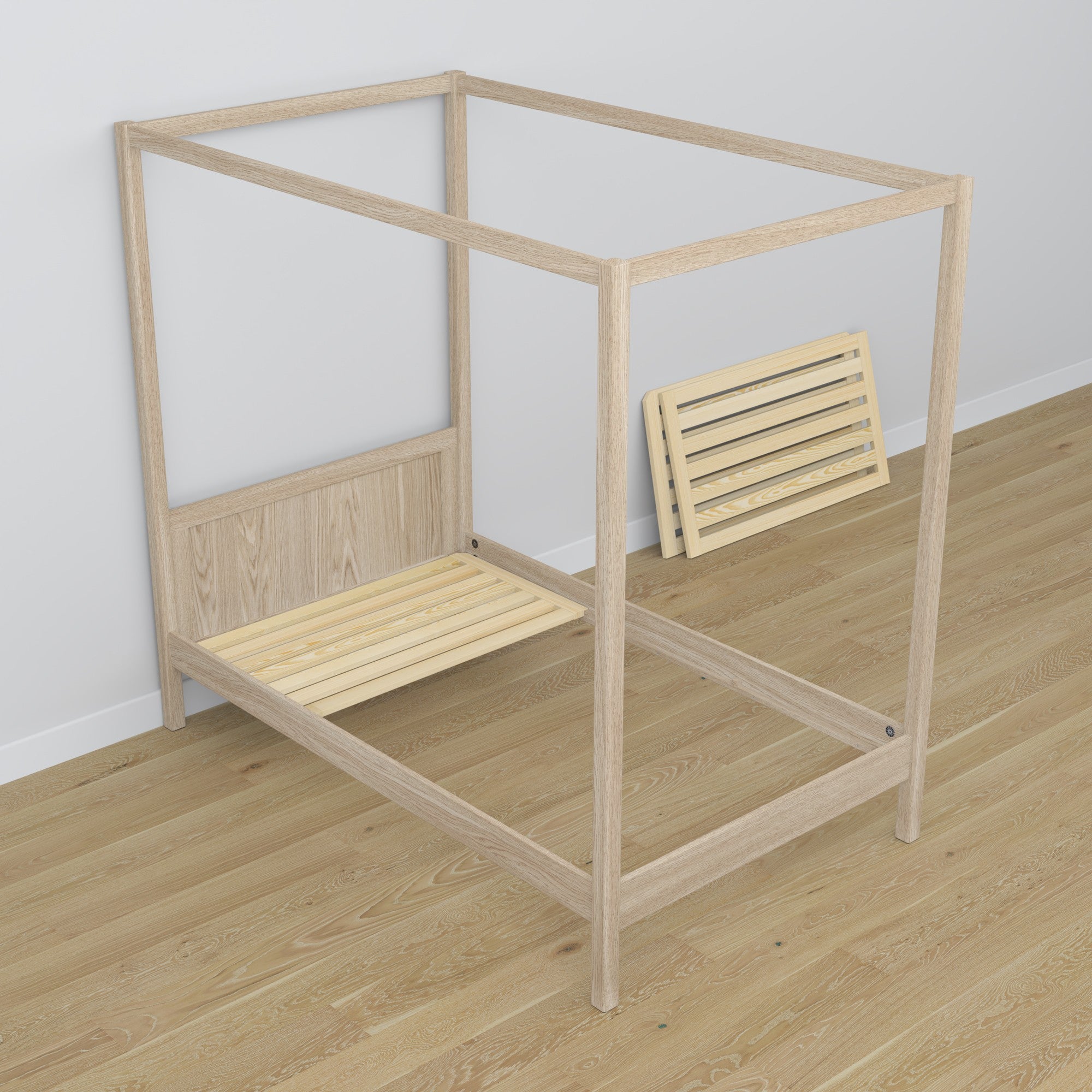 Lit chêne blanchi avec baldaquin dans la chambre d'enfant – décoration scandinave