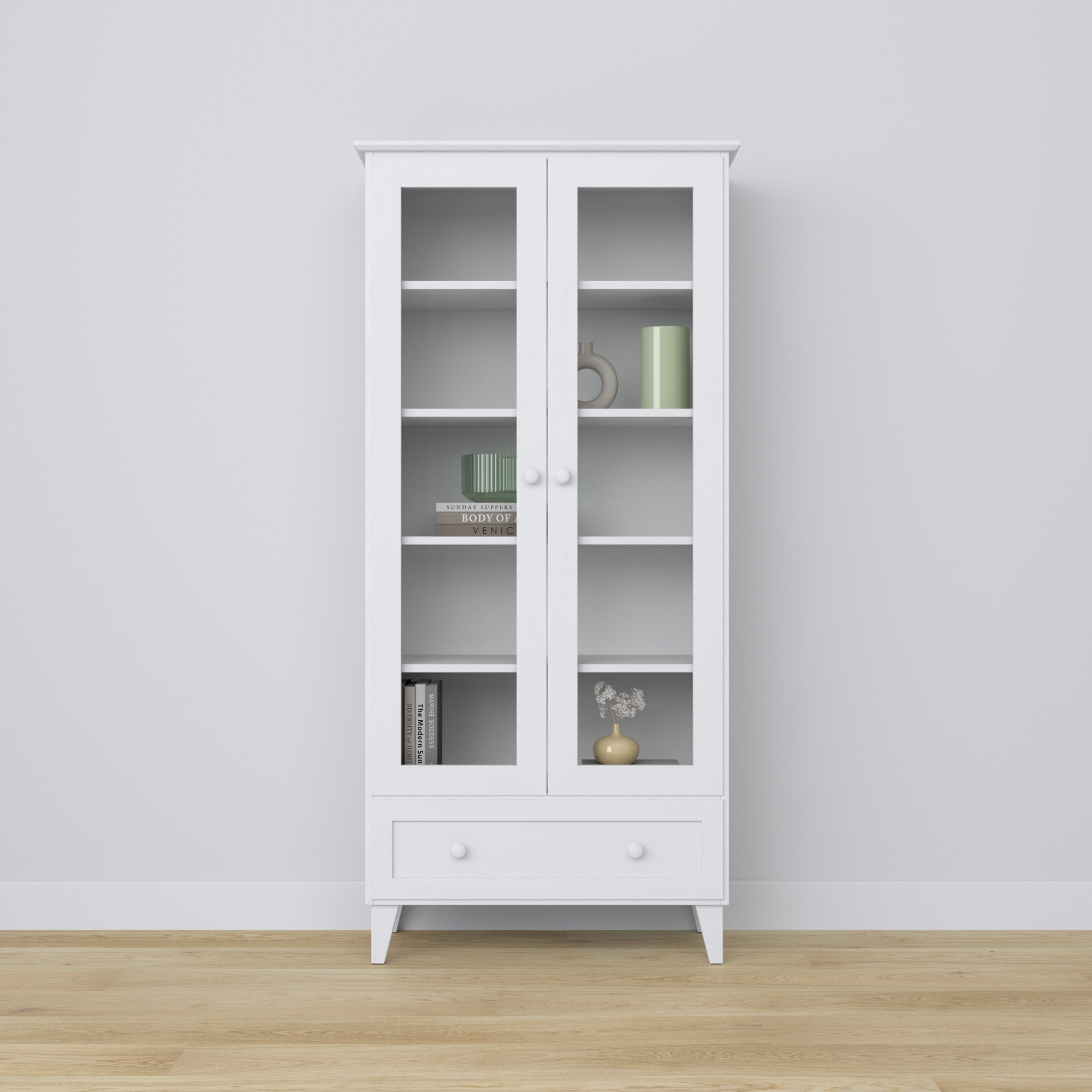 Vitrine z tiroir en bois blanc 90 cm – salon, style scandinave Nizio