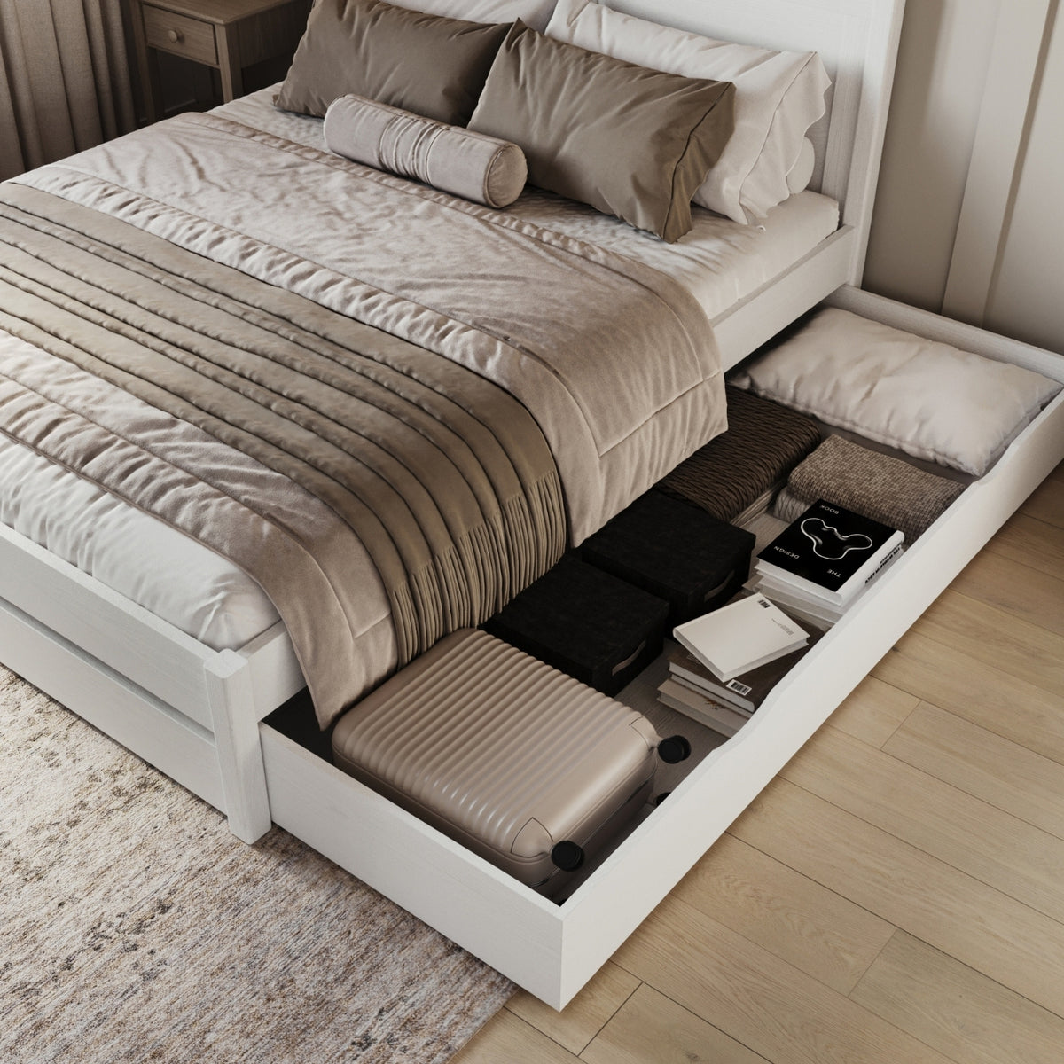 Lit double blanc – tête de lit en bois, qualité drewna, Nizio Home