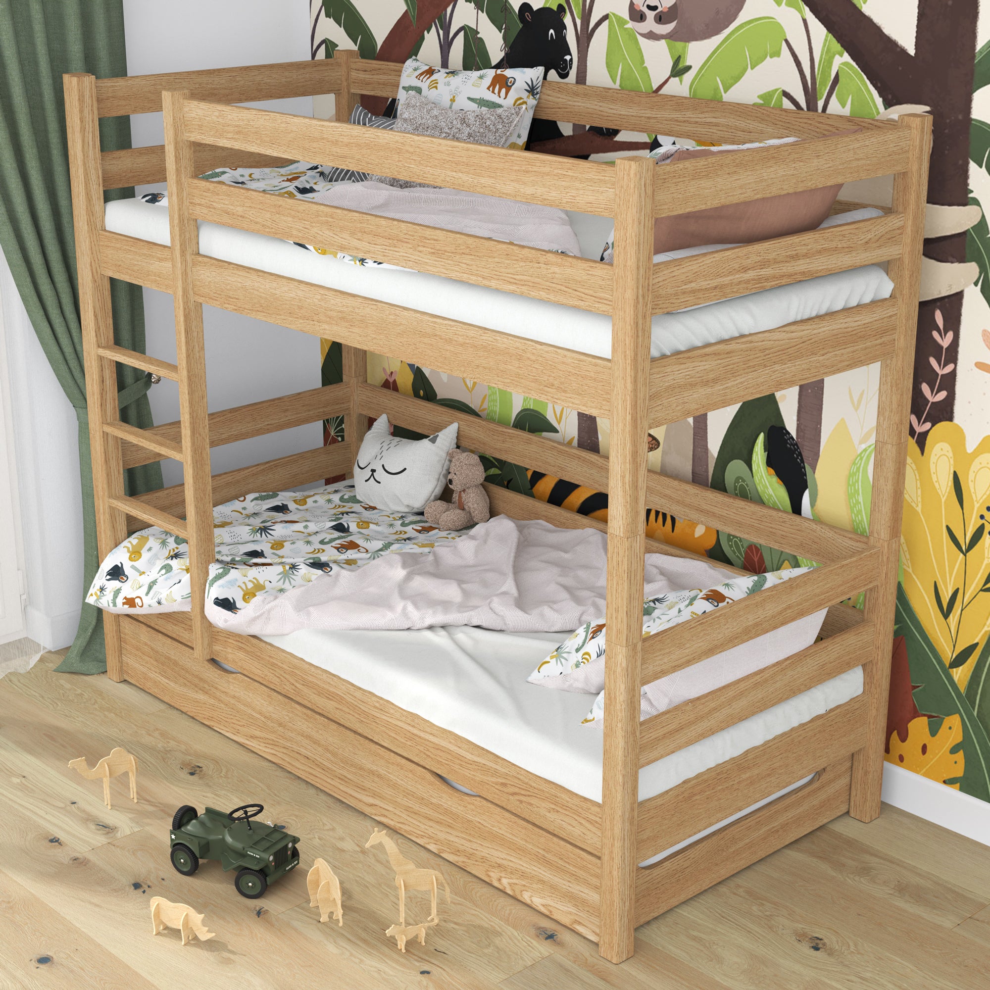 Łóżko piętrowe z szufladą na materac N01 dąb naturalny – dodatkowy widok, trwała jakość Nizio Home