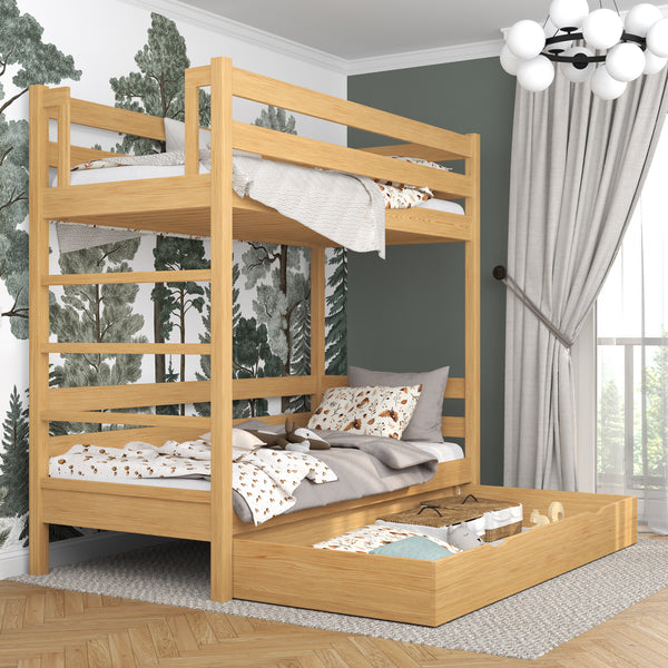 Lit superposé pin naturel z tiroir – barrière i échelle en bois, Nizio