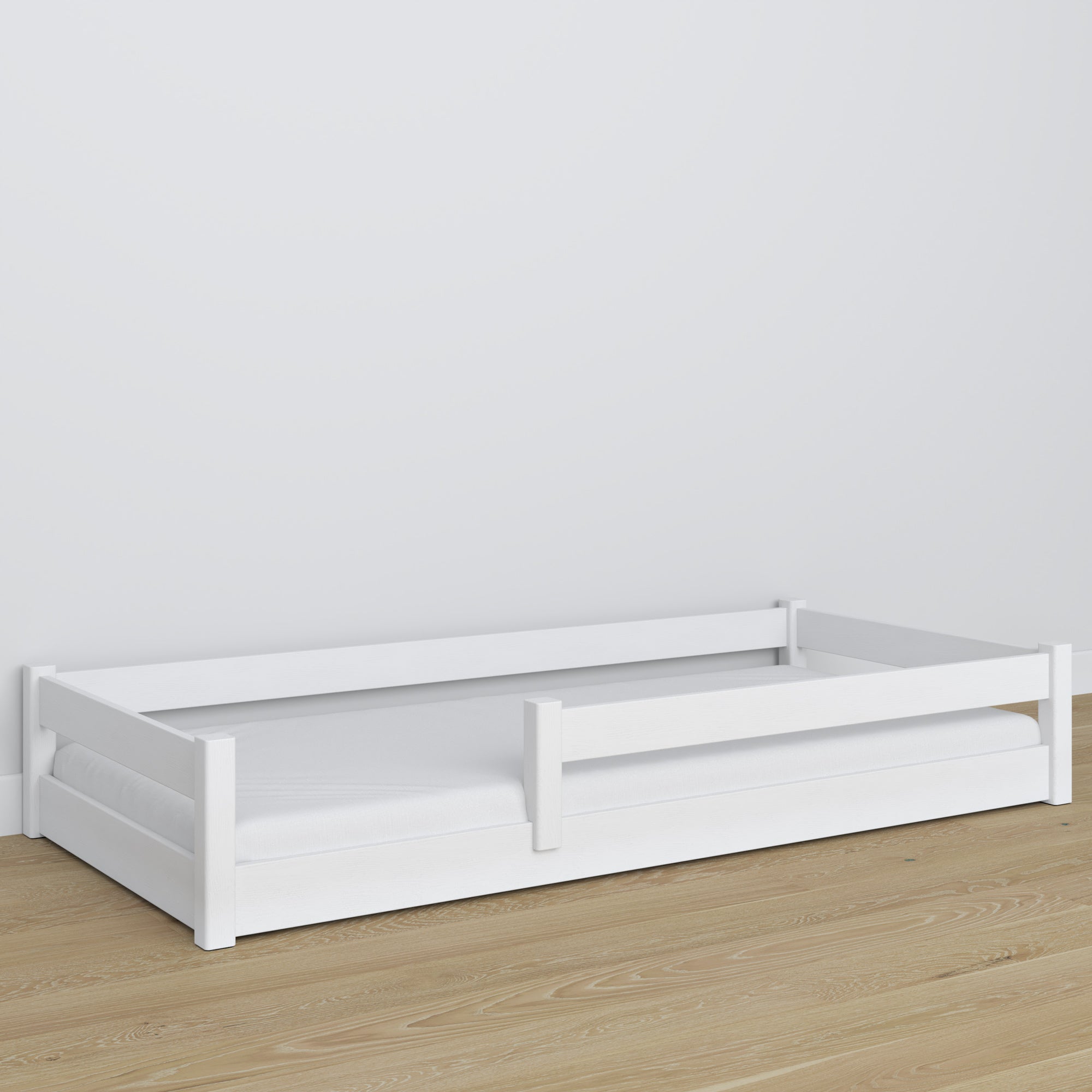 Lit bas en bois blanc – détails des assemblages, Nizio Home