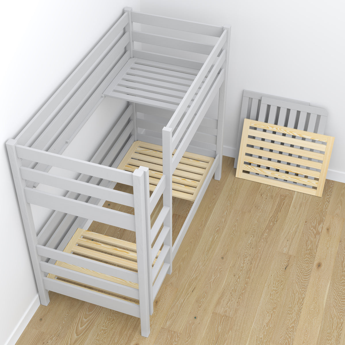 Lit superposé en bois gris – sommier à lattes, durable assemblages de menuiserie