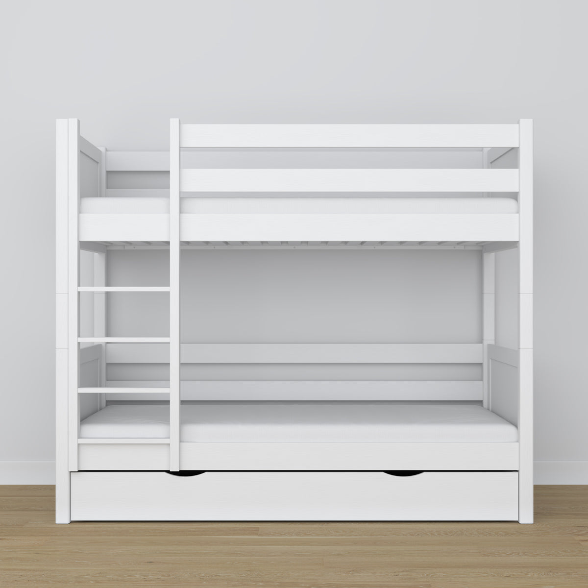 Lit superposé en bois blanc – détails des assemblages et de l'échelle, chambre d'enfant