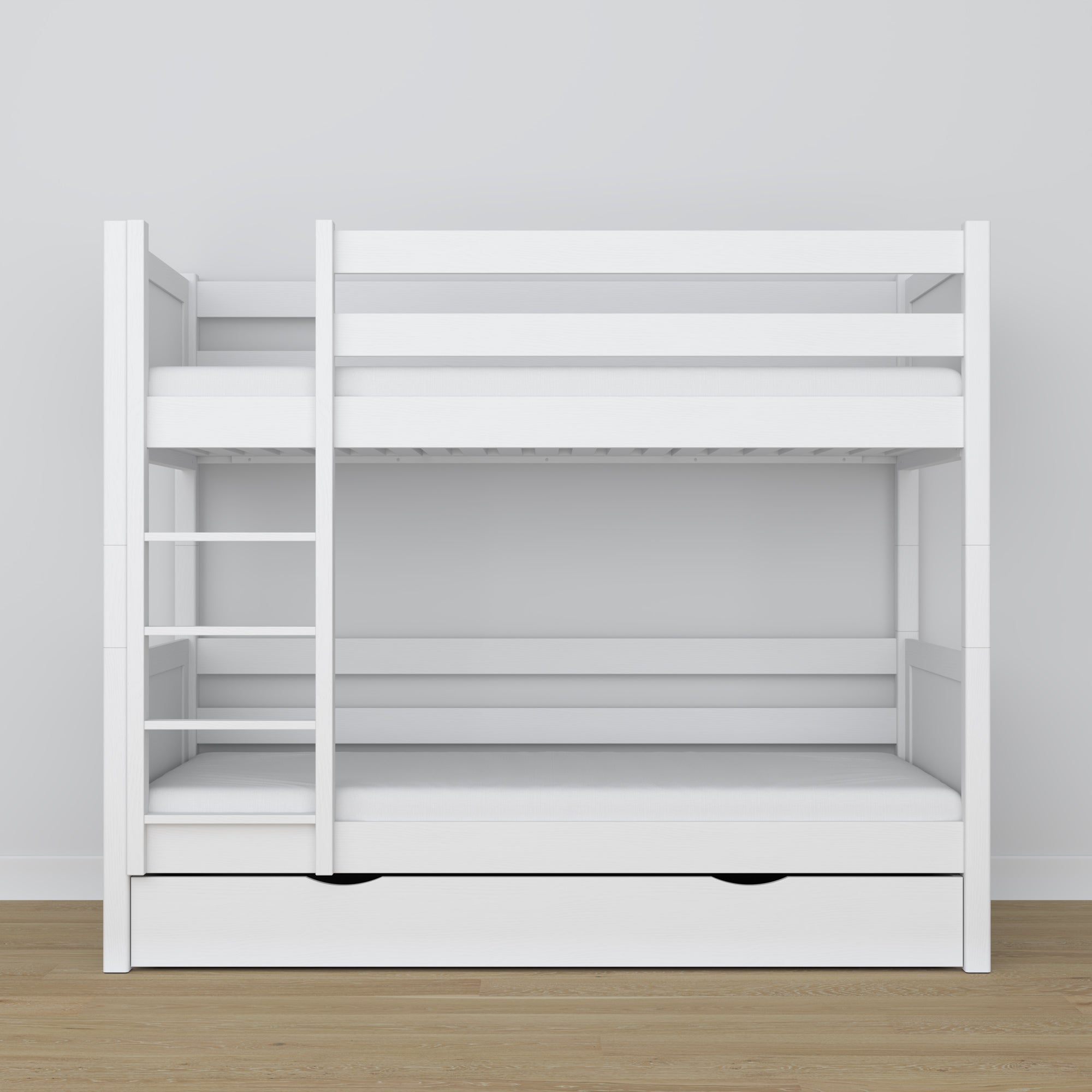 Lit superposé en bois blanc – détails des assemblages et de l'échelle, chambre d'enfant