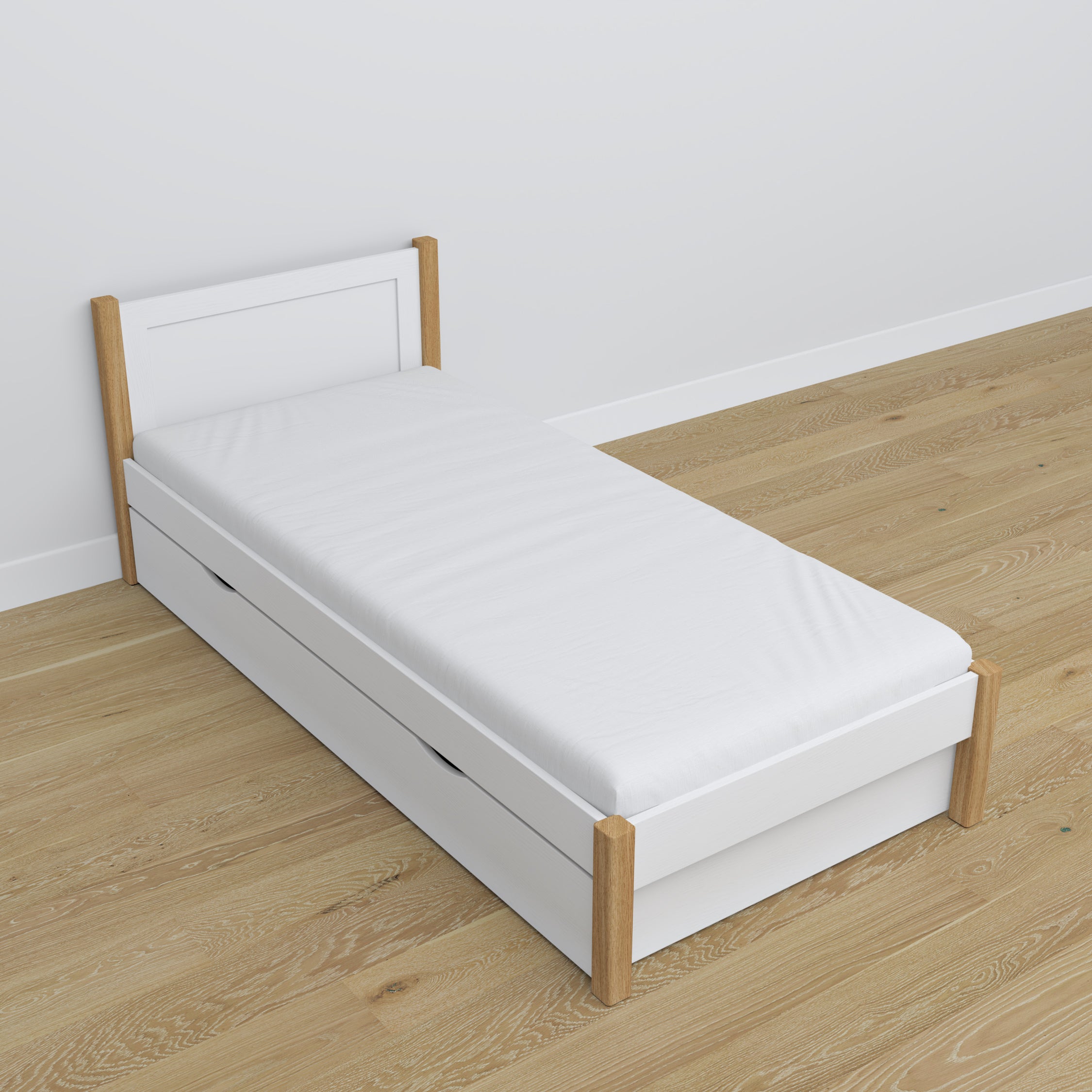 Lit avec tiroir en bois blanc-chêne – dimensions et schéma, Nizio Home
