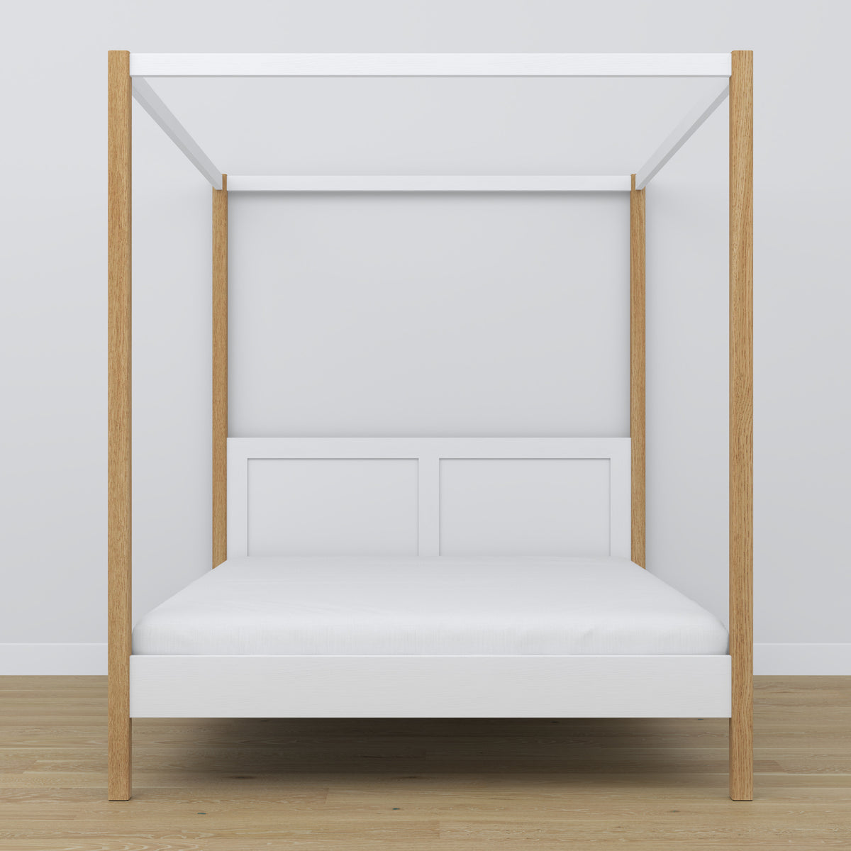 Lit double à baldaquin en bois blanc-chêne – tête de lit et cadre, gros plan
