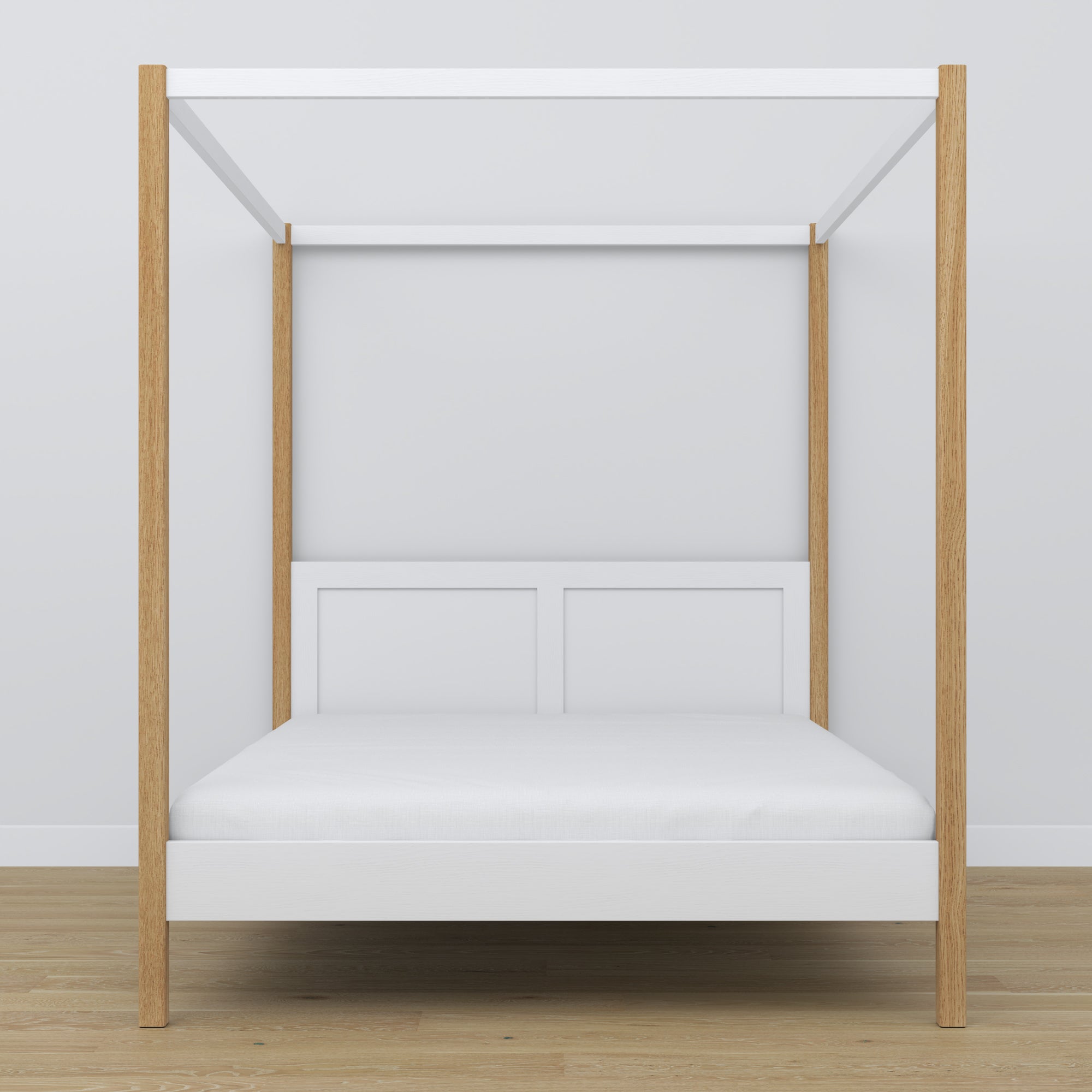 Lit double à baldaquin en bois blanc-chêne – tête de lit et cadre, gros plan