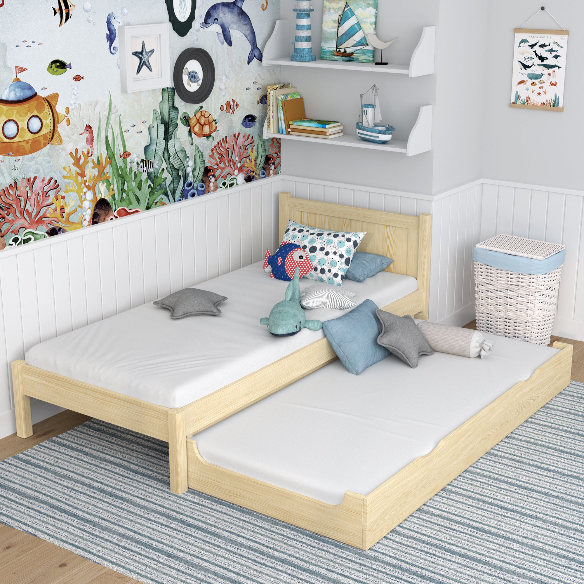 Lit avec tiroir pour matelas en bois pin incolore – tiroir sorti, invité