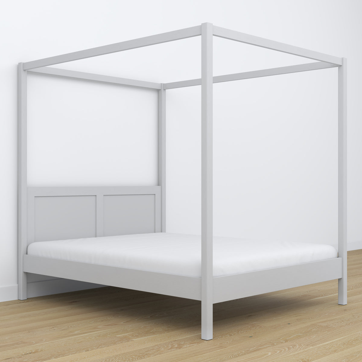 Lit double gris avec baldaquin – cadre décoratif en bois, scandinave