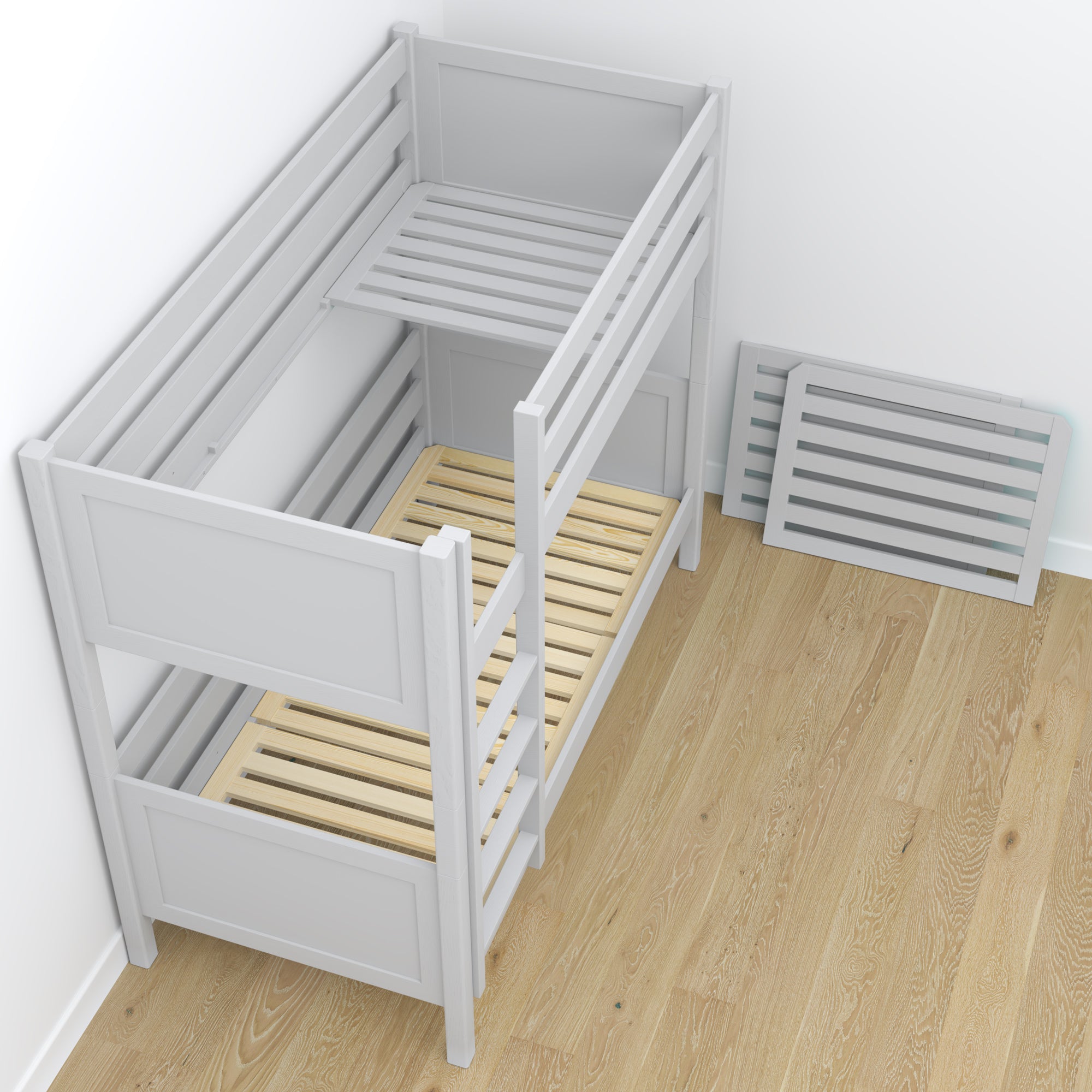 Lit superposé en bois gris – sommier à lattes, durable assemblages de menuiserie