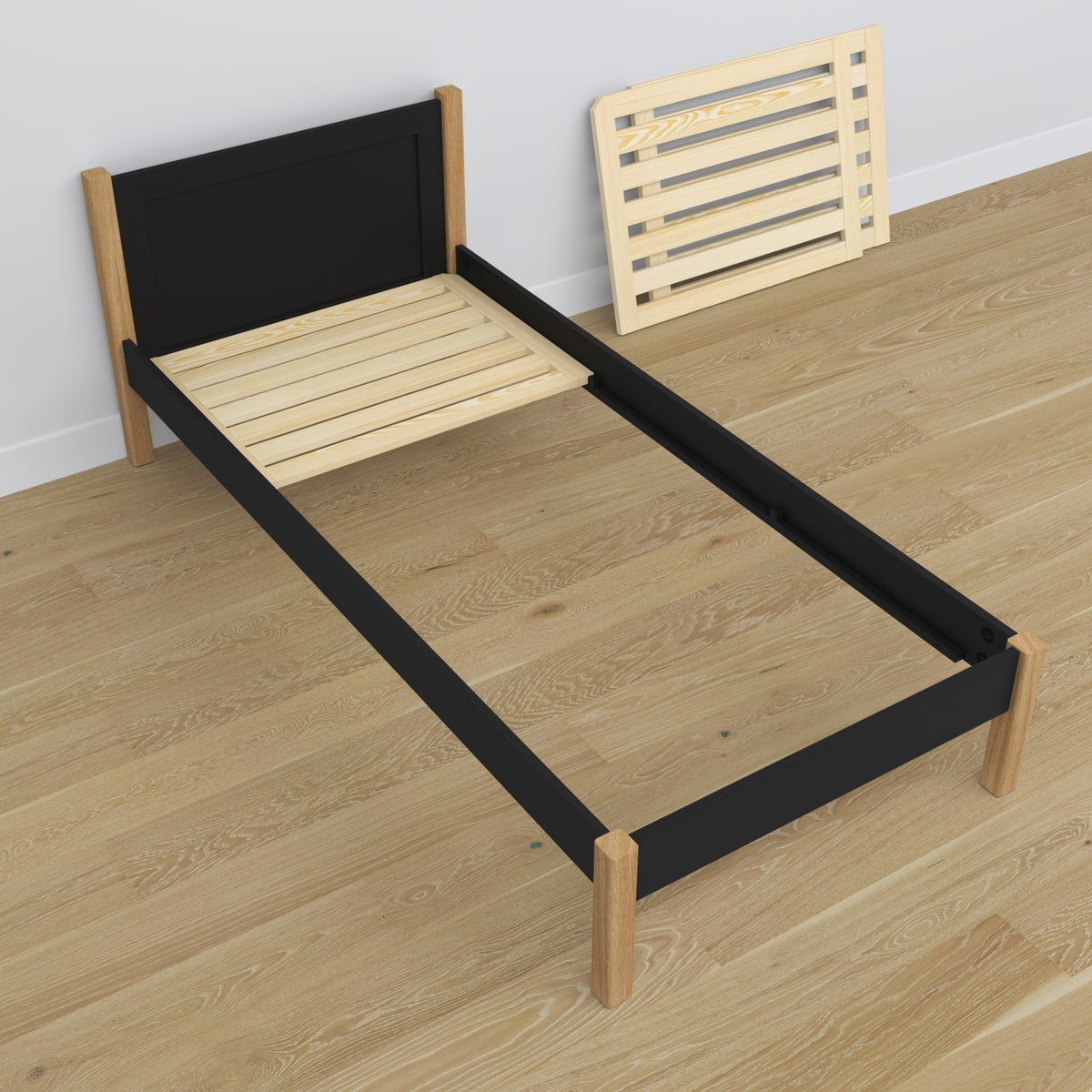 Lit avec tiroir pour matelas noir-chêne en bois – dimensions, Nizio
