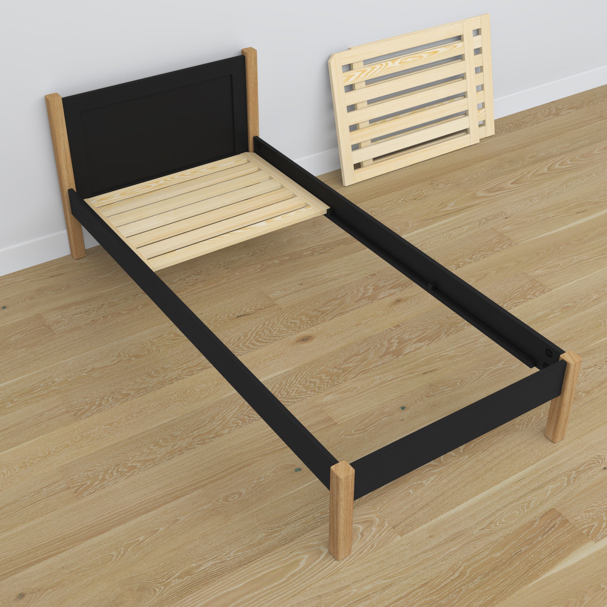 Lit avec tiroir pour matelas noir-chêne en bois – dimensions, Nizio