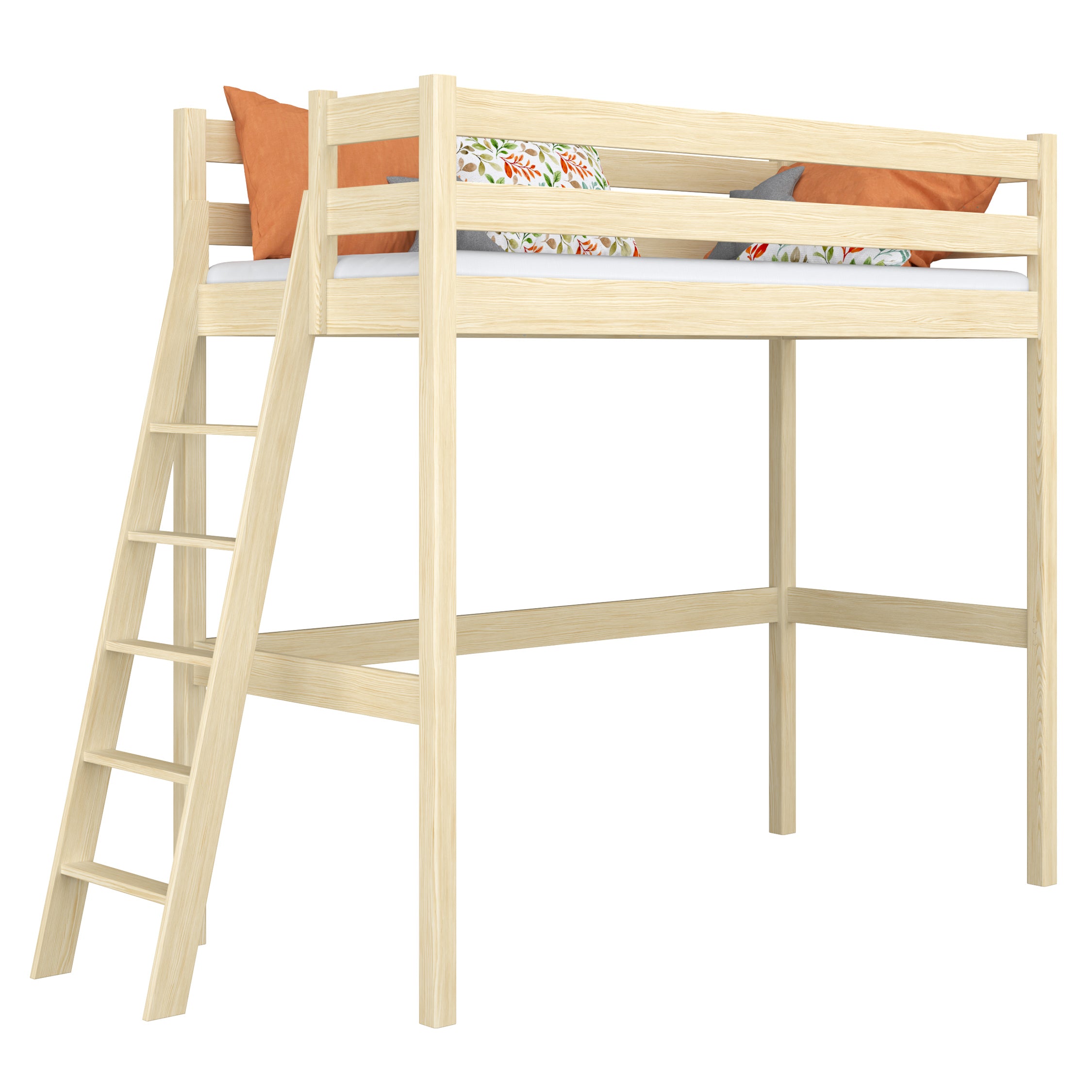 Lit mezzanine en bois pin incolore – chambre d'enfant, bois massif, style scandinave