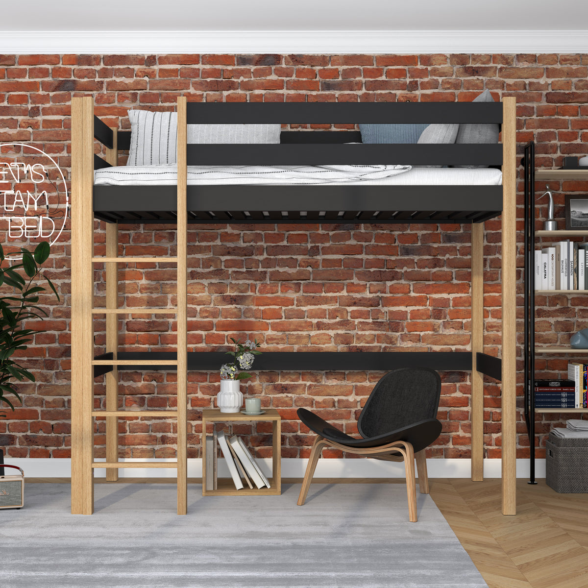Lit mezzanine noir-chêne – échelle i barrière en bois, Nizio Home