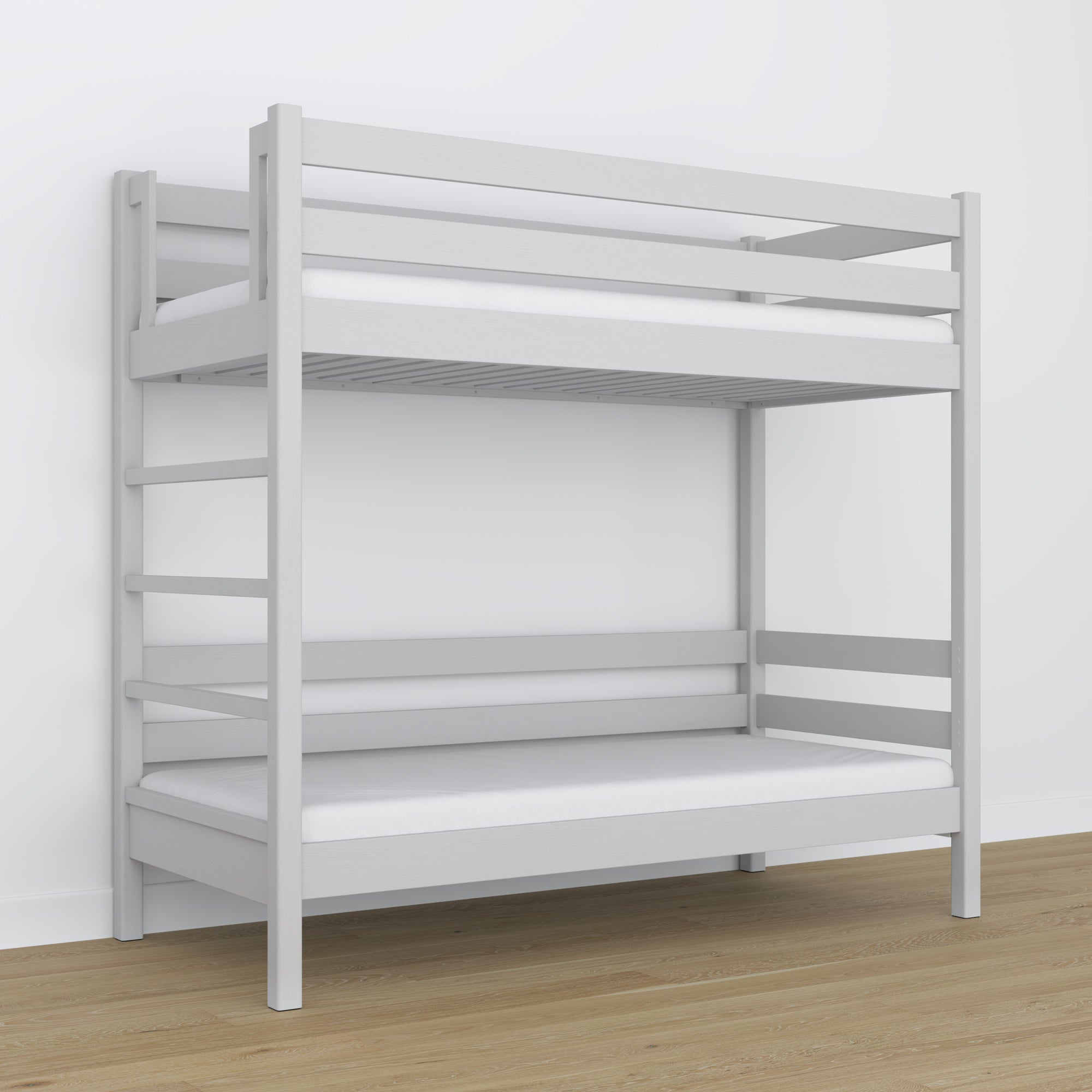 Lit superposé en bois gris – gros plan sur les assemblages et détails du bois