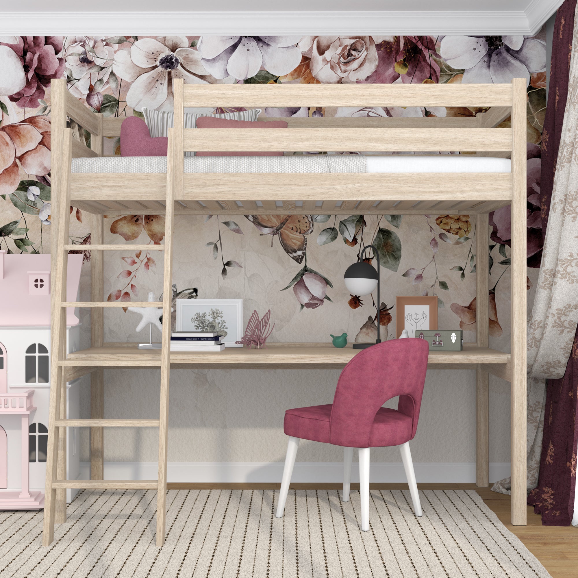Lit mezzanine chêne blanchi avec bureau – espace d'apprentissage sous la chambre, en chêne