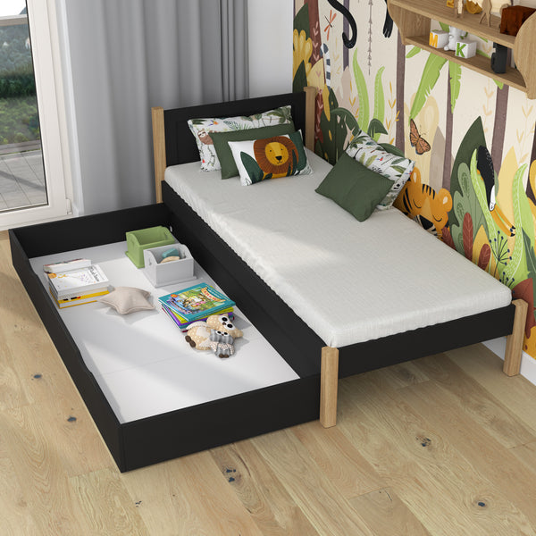 Lit noir-chêne z tiroir – rangement spacieux, en bois, pour enfants Nizio