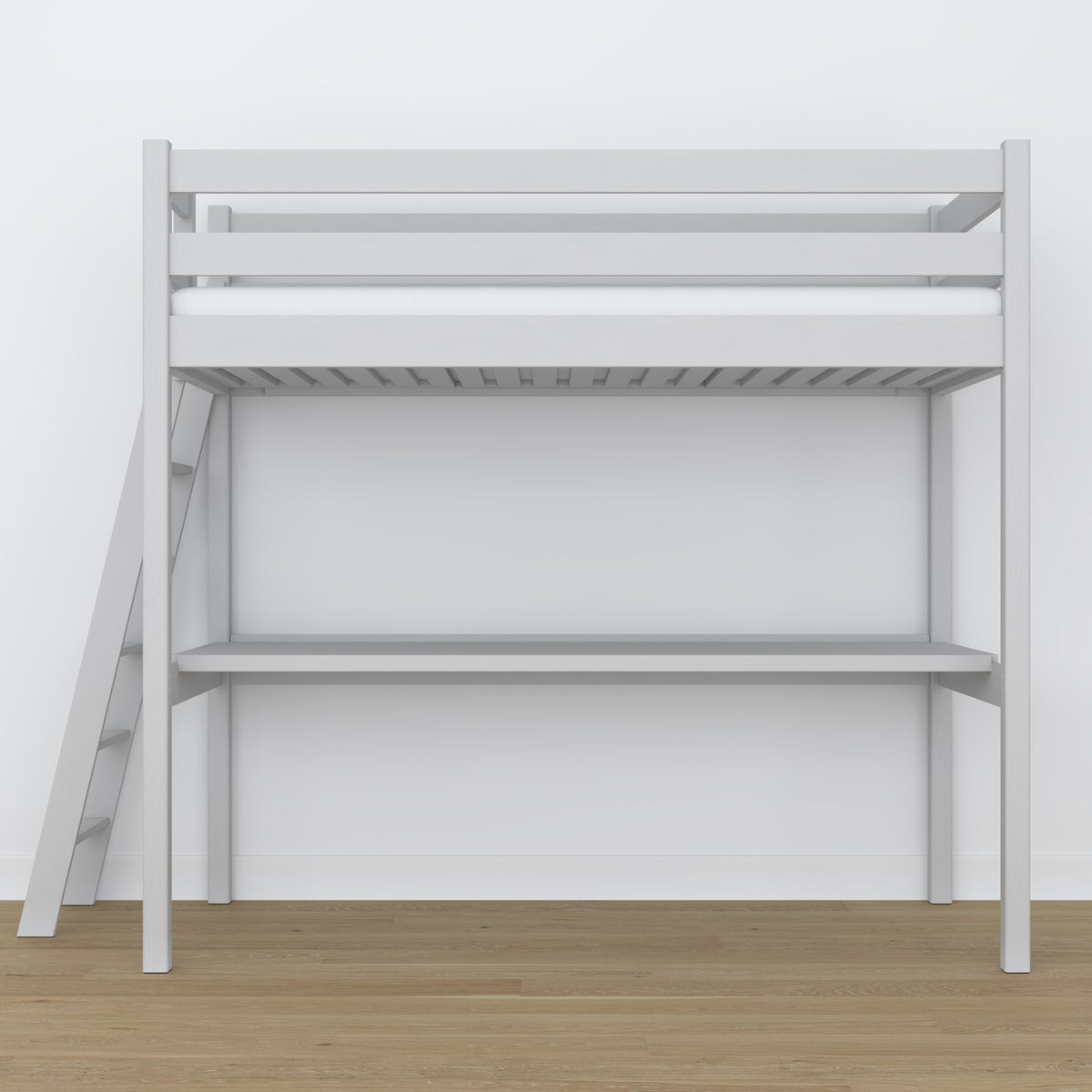 Lit mezzanine gris avec bureau – espace d'apprentissage sous la chambre, en bois