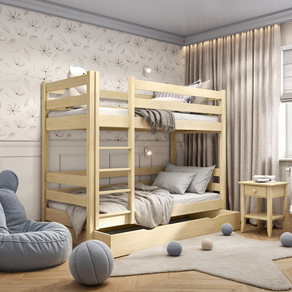 Lit superposé pin incolore z tiroir – barrière i échelle en bois, Nizio